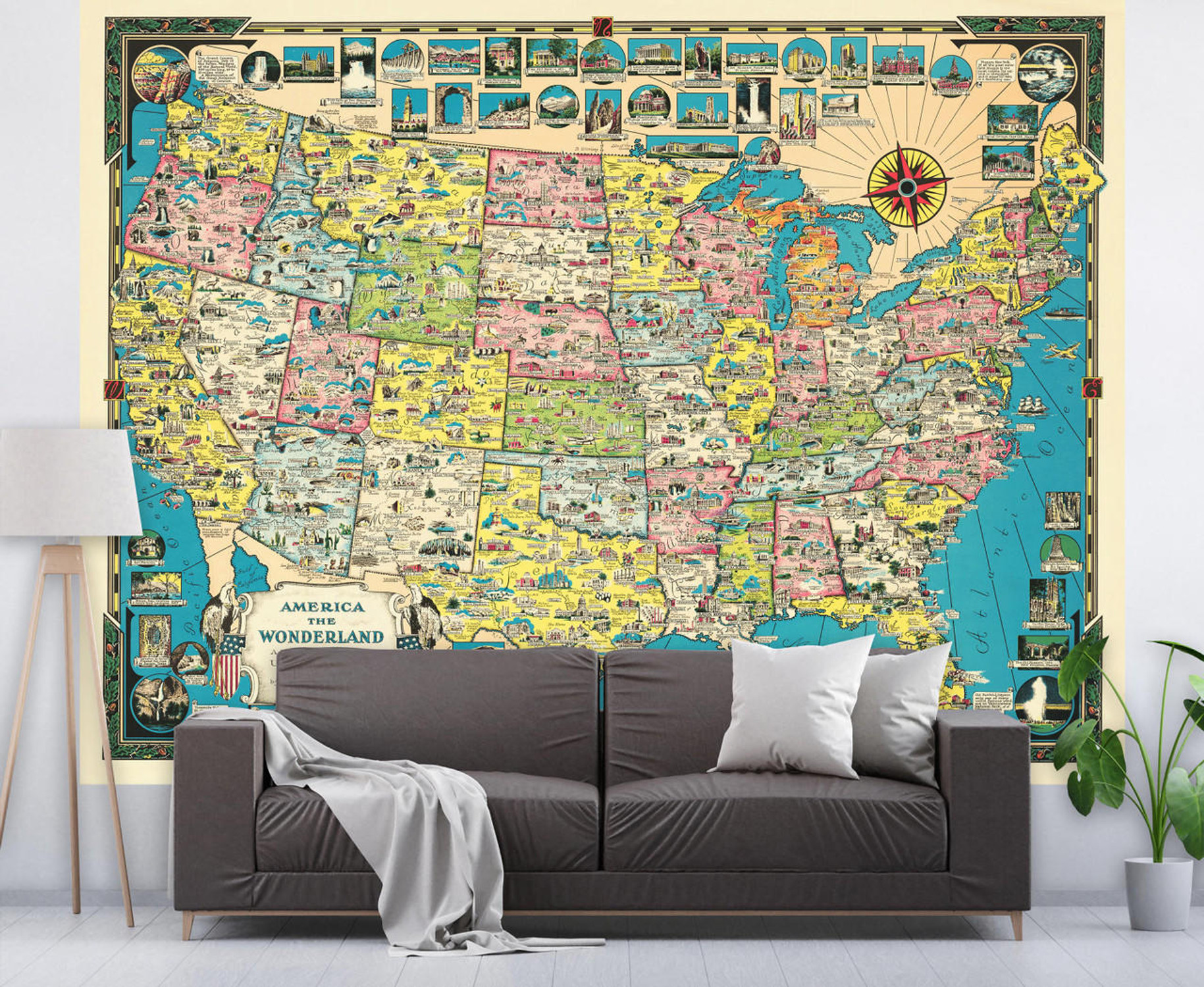 Vintage USA Map Wall Mural 1941 Colorful Illustrated United States Map Wallpaper - Peel & Stick, image 2, World Maps Online