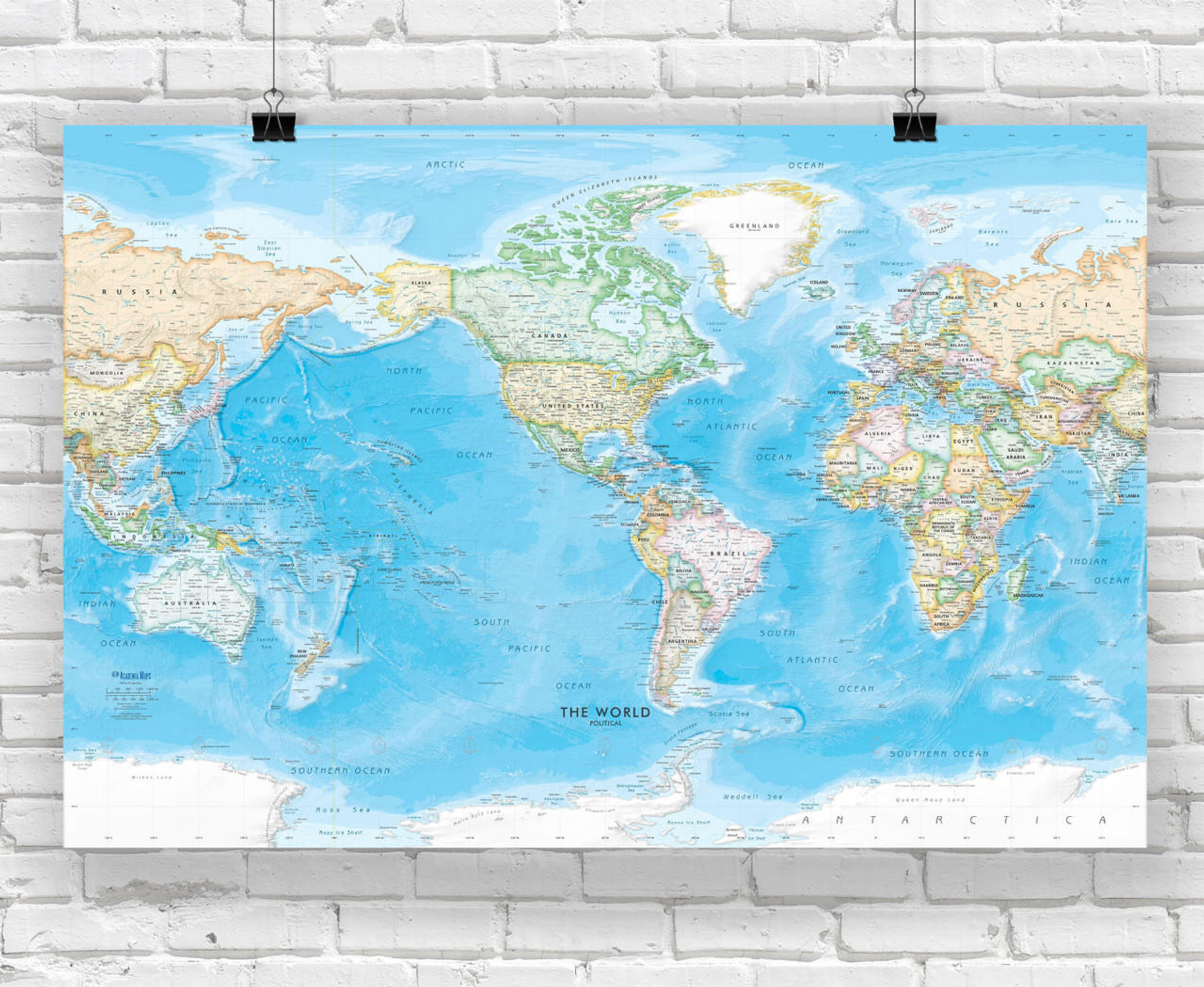 America's Centered Standard Blue Ocean World Political Wall Map, image 1, World Maps Online