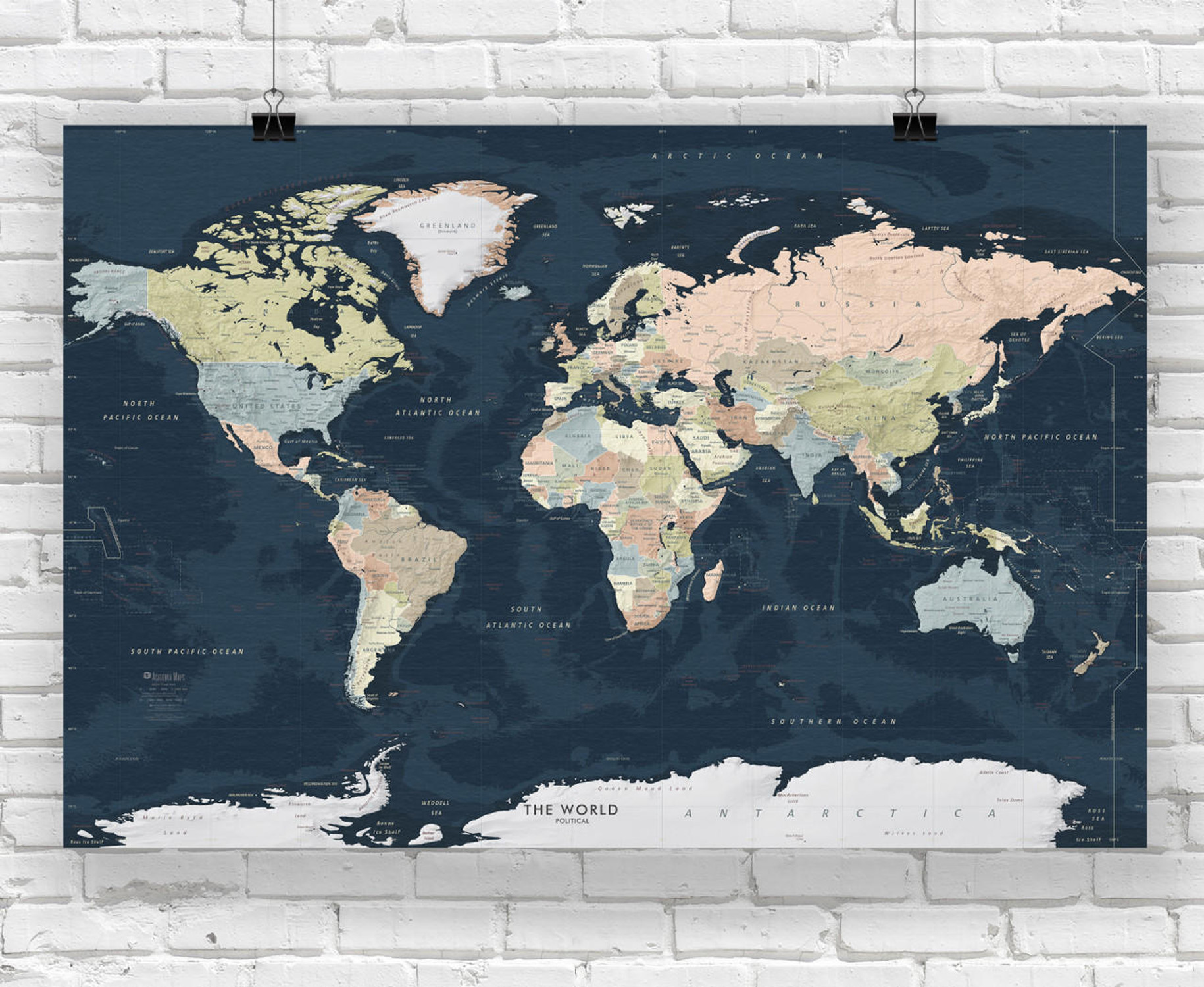 Dark Navy Oceans World Political Wall Map, image 1, World Maps Online
