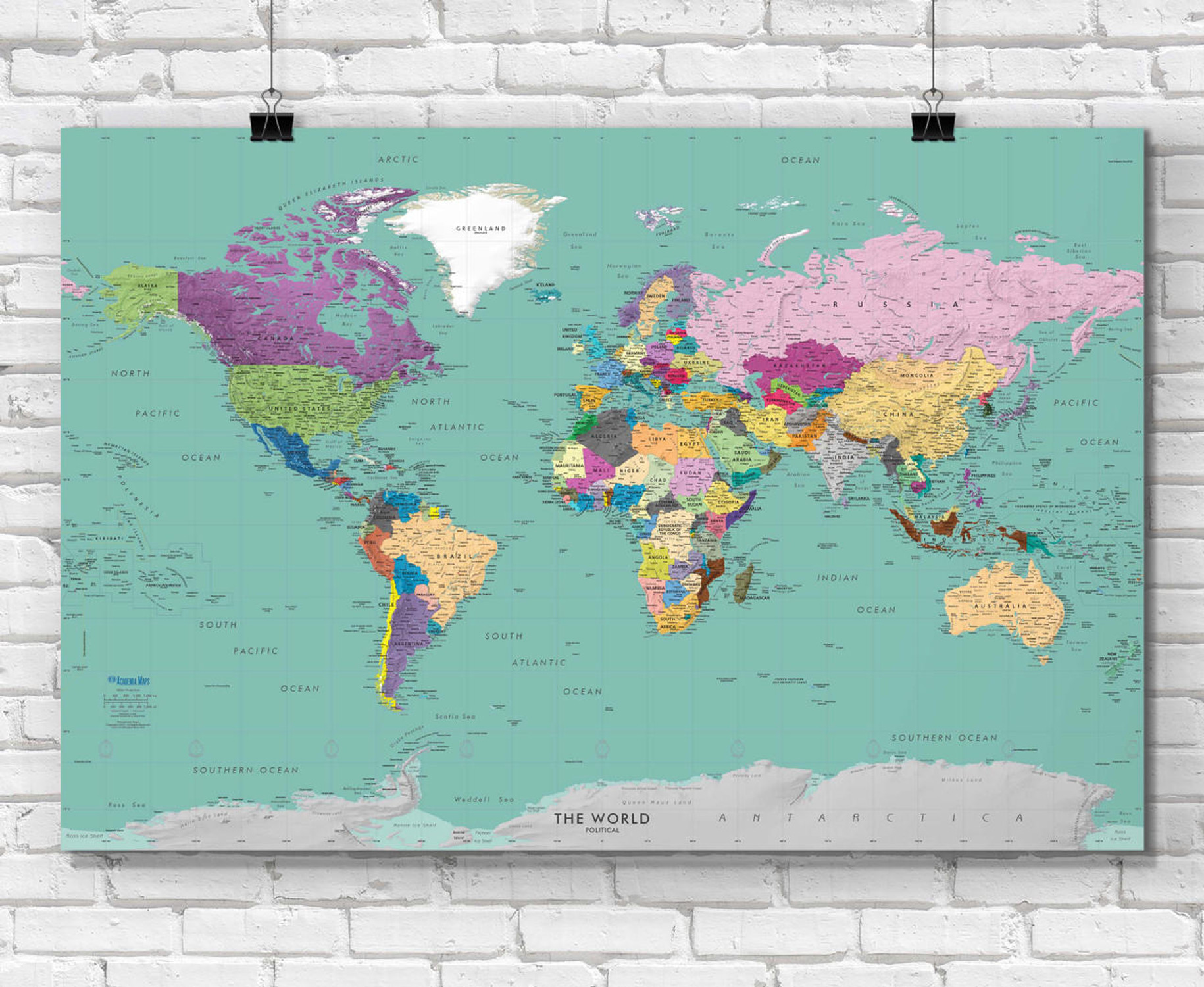 Teal Ocean Colorful World Political Wall Map Print