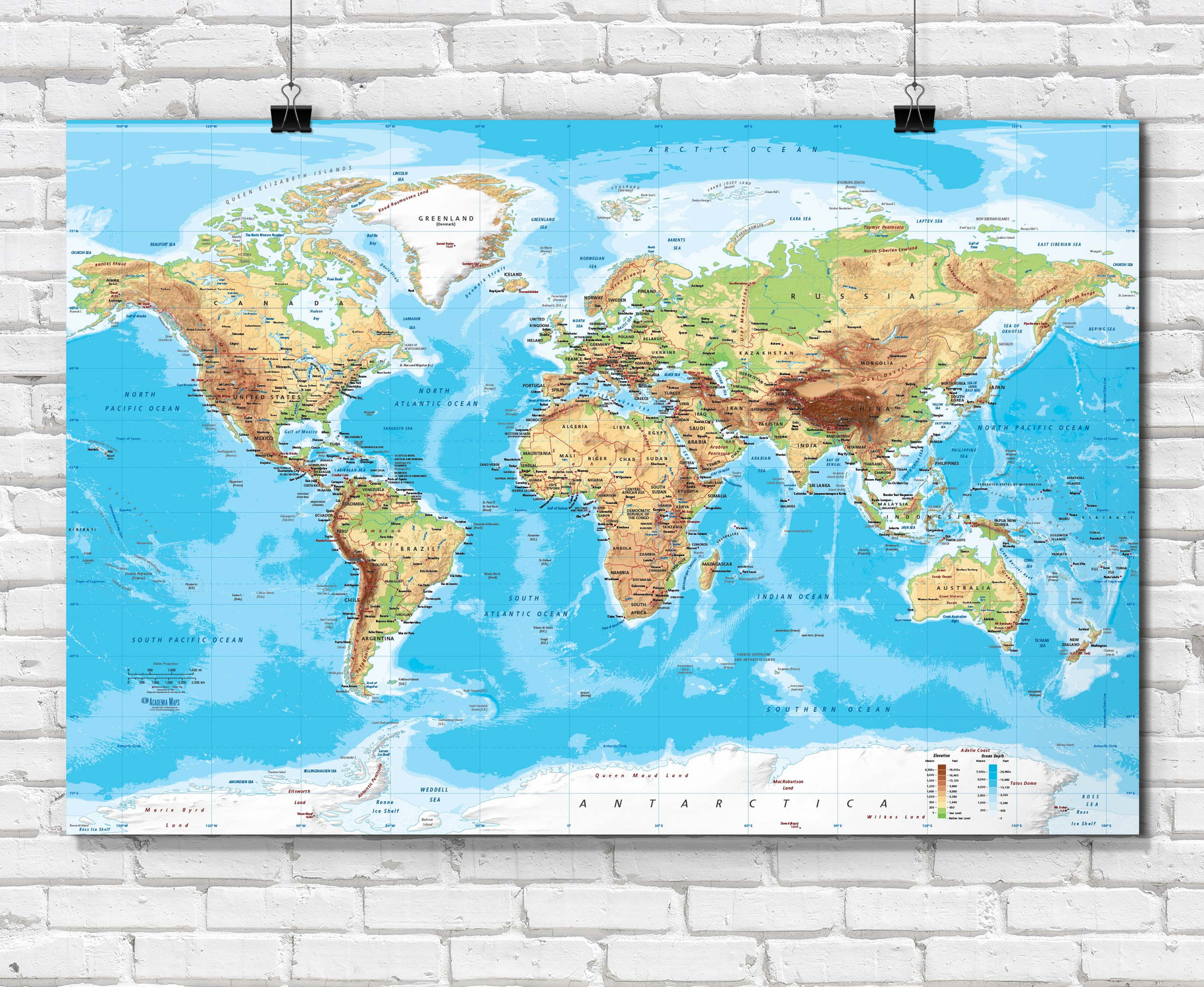 Physical World Wall Map - Miller Projection,  World Maps Online
