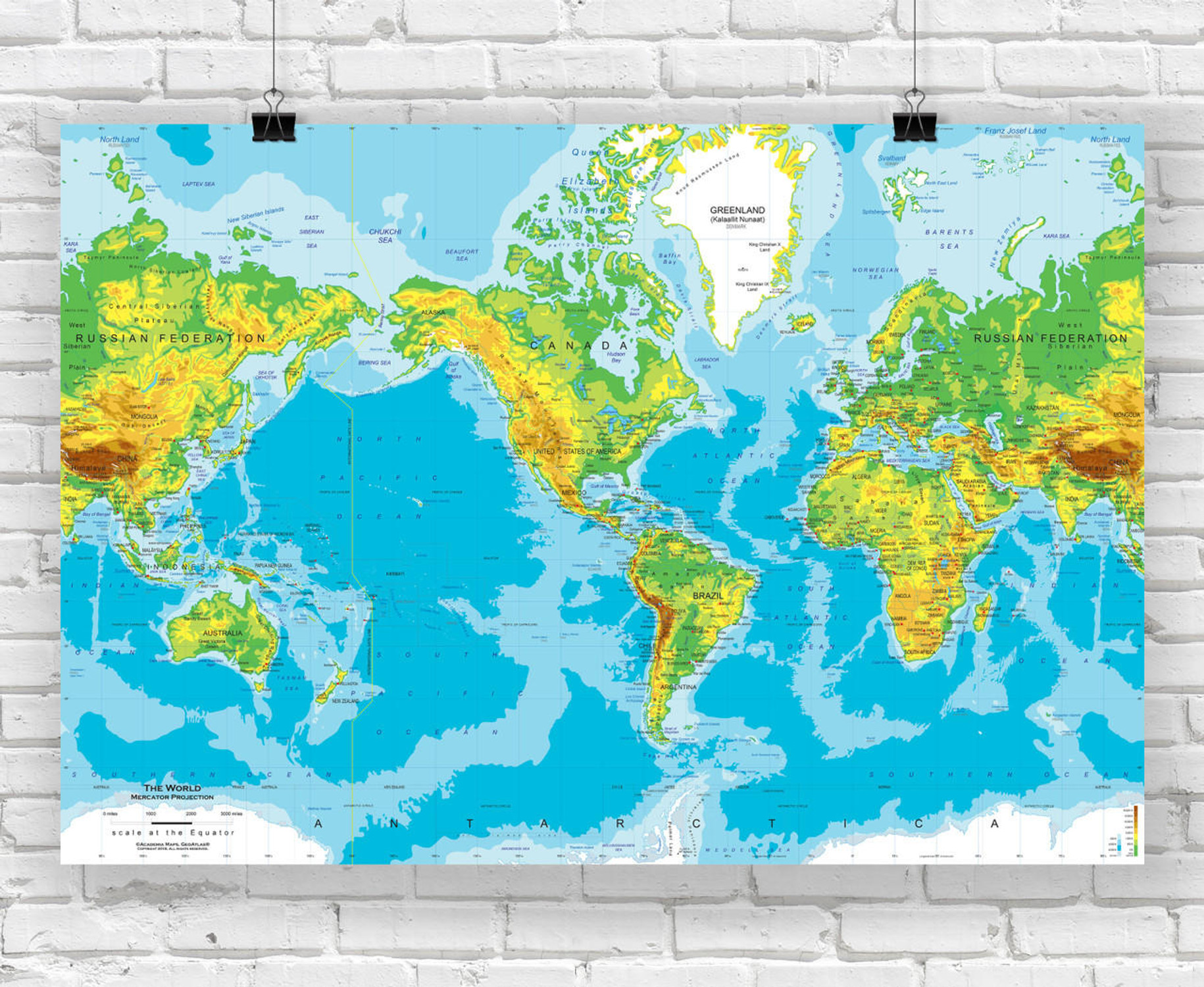 Physical World Wall Map - Mercator Projection, image 1, World Maps Online