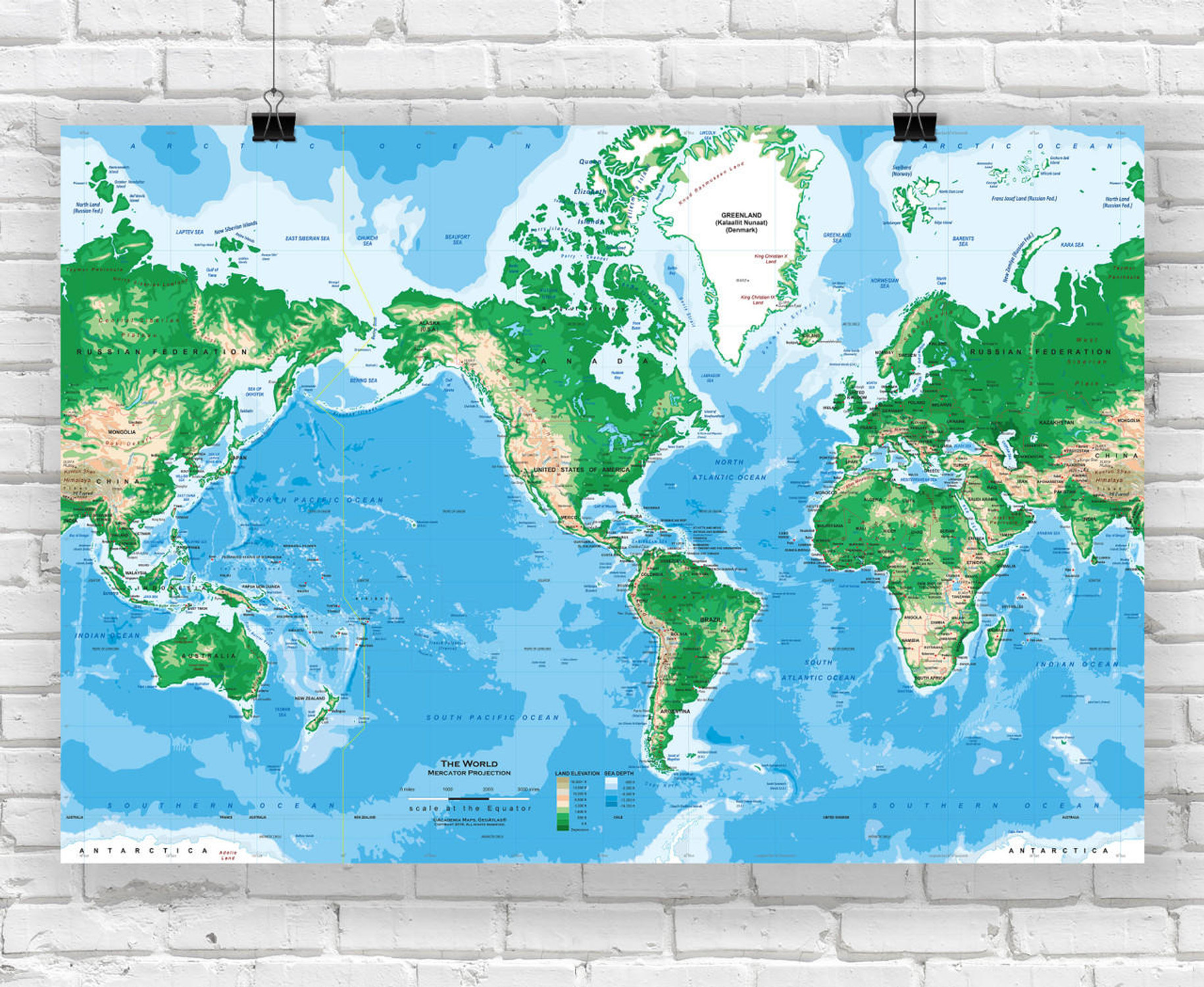 Topographic World Wall Map - Mercator Projection, image 1, World Maps Online
