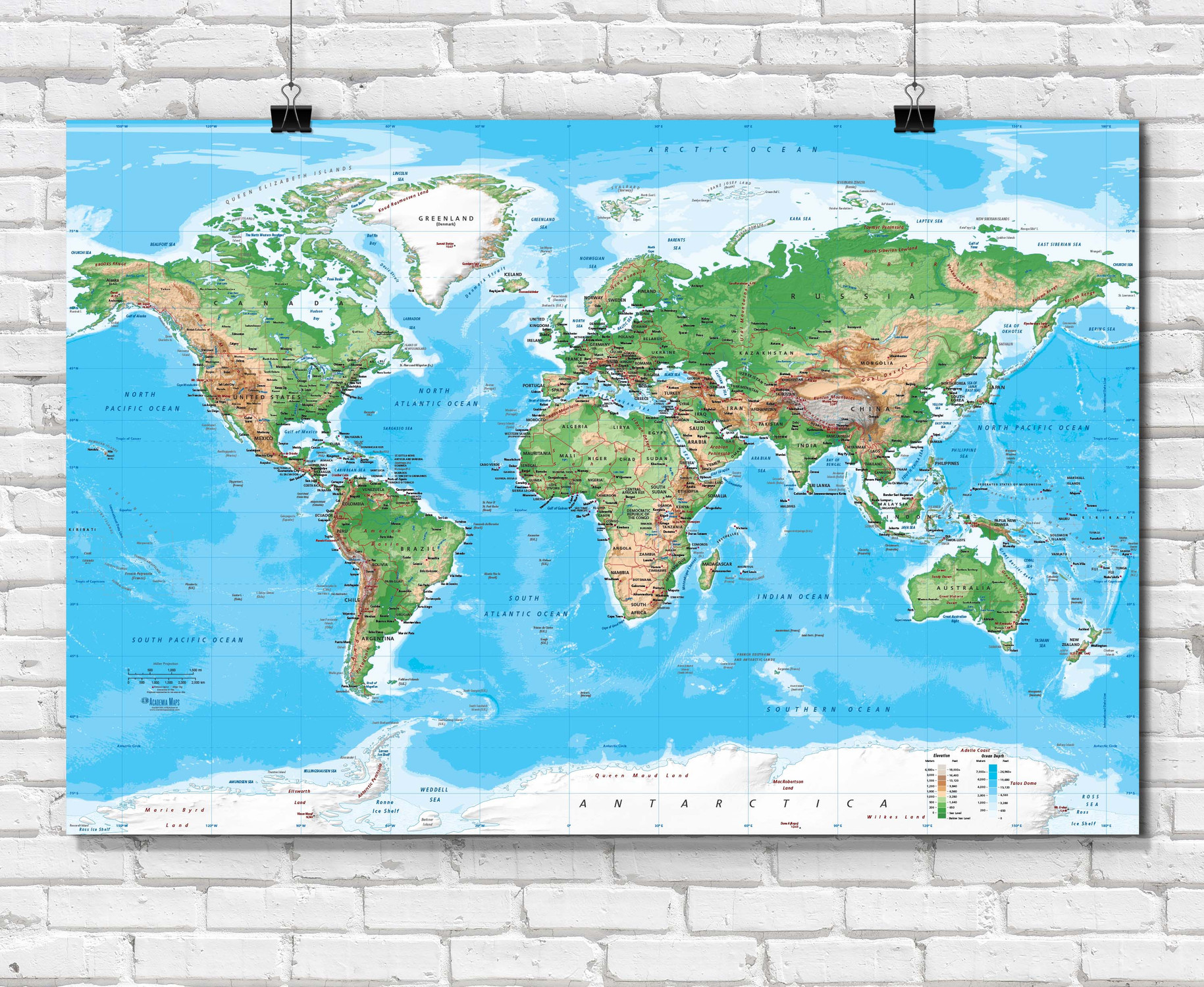 Topographic World Wall Map - Miller Projection, World Maps Online