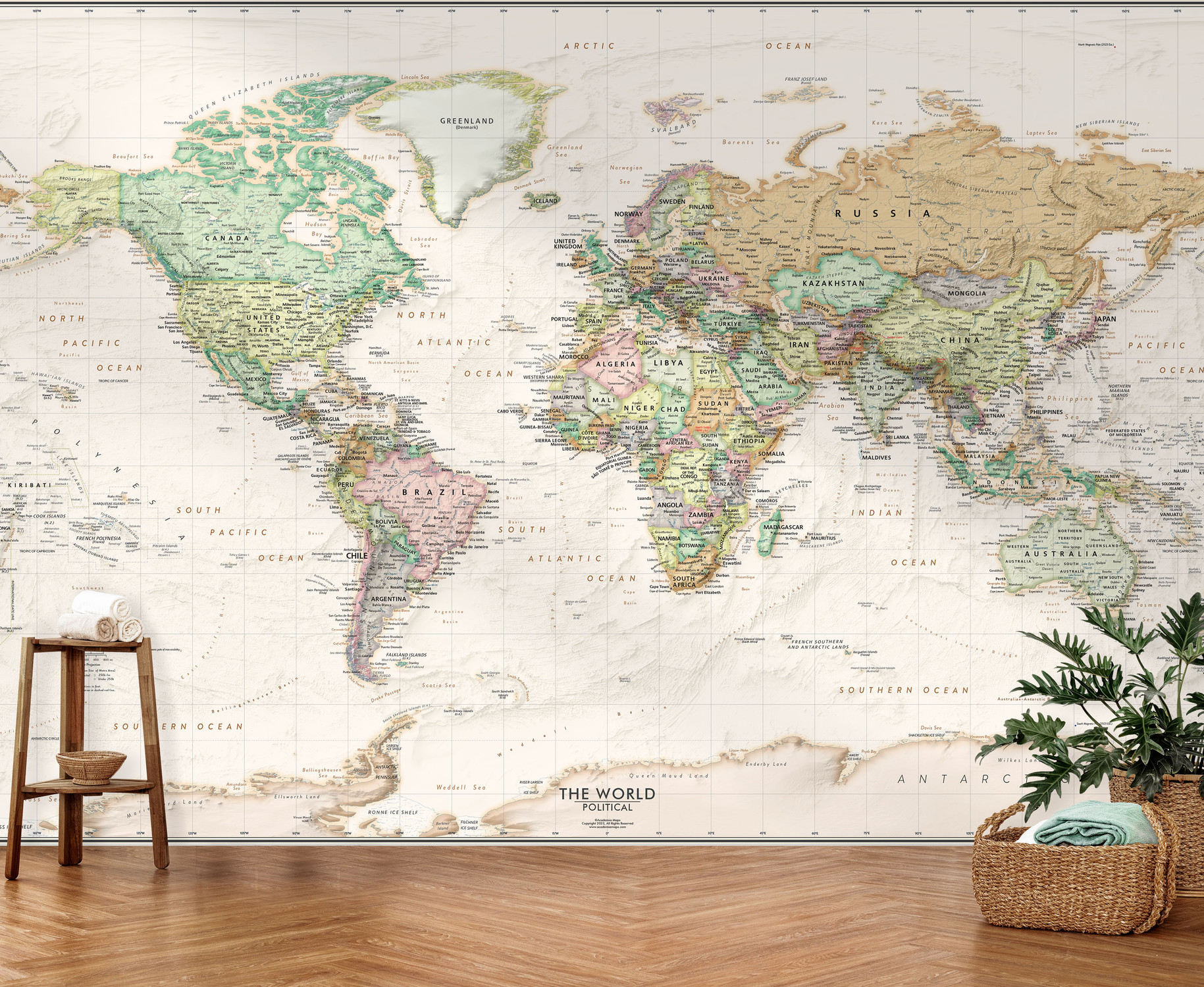 Beige Ocean Antique Style World Map Mural - Removable Wallpaper Map Beige Ocean Antique Style World Map Mural - Removable Wallpaper Map
