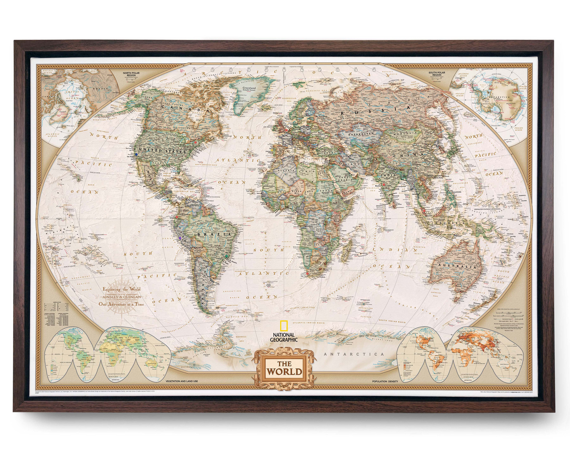 Push Pin World Map - National Geographic Executive Antique Oceans - Framed Push Pin World Map - National Geographic Executive Antique Oceans - Framed