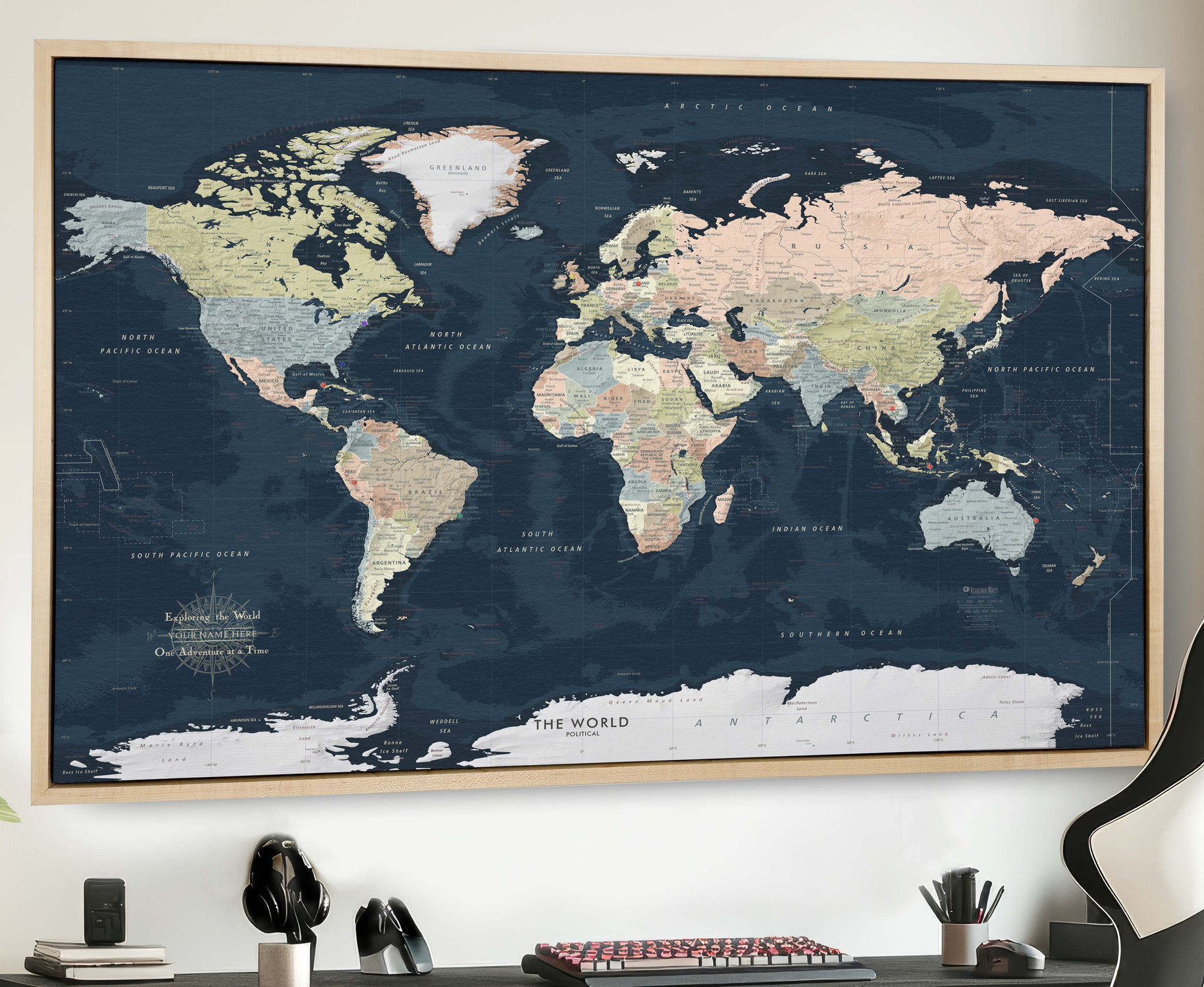 Push Pin World Map - Dark Navy Oceans - Maple Wood Frame - on wall Push Pin World Map - Dark Navy Oceans - Maple Wood Frame - on wall