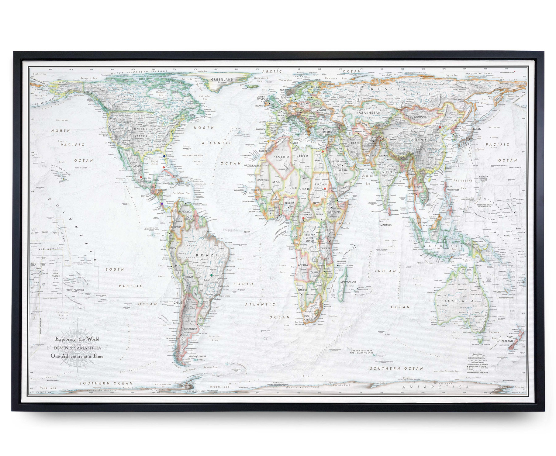 Push Pin World Map - Gall-Peters Projection - Black Frame Push Pin World Map - Gall-Peters Projection - Black Frame