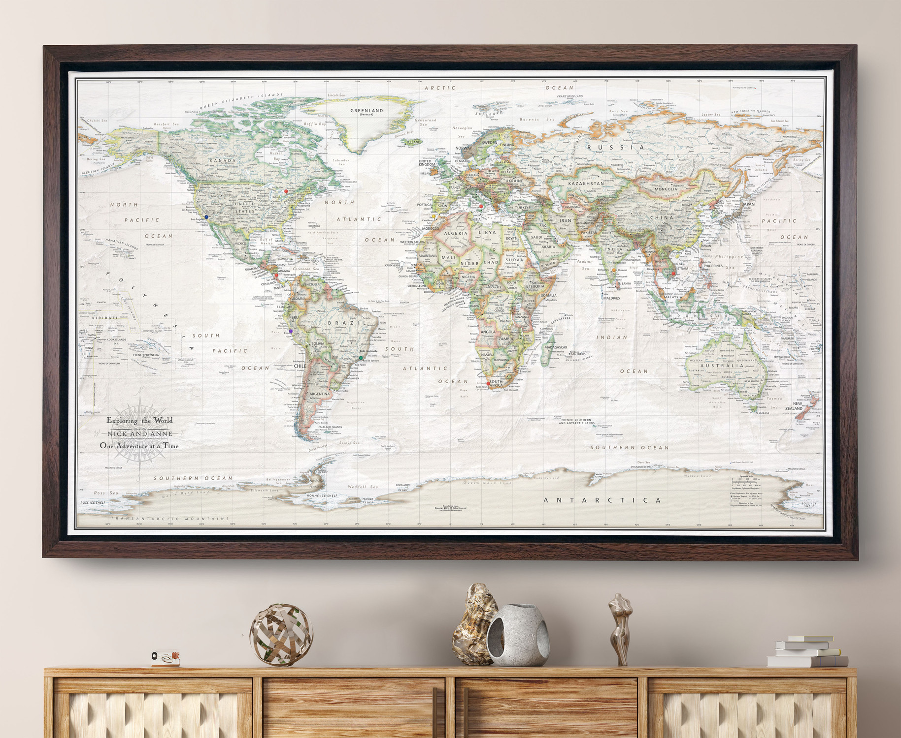 World Wanderer Soft Tones Push Pin World Map Canvas in Espresso Frame World Wanderer Soft Tones Push Pin World Map Canvas in Espresso Frame
