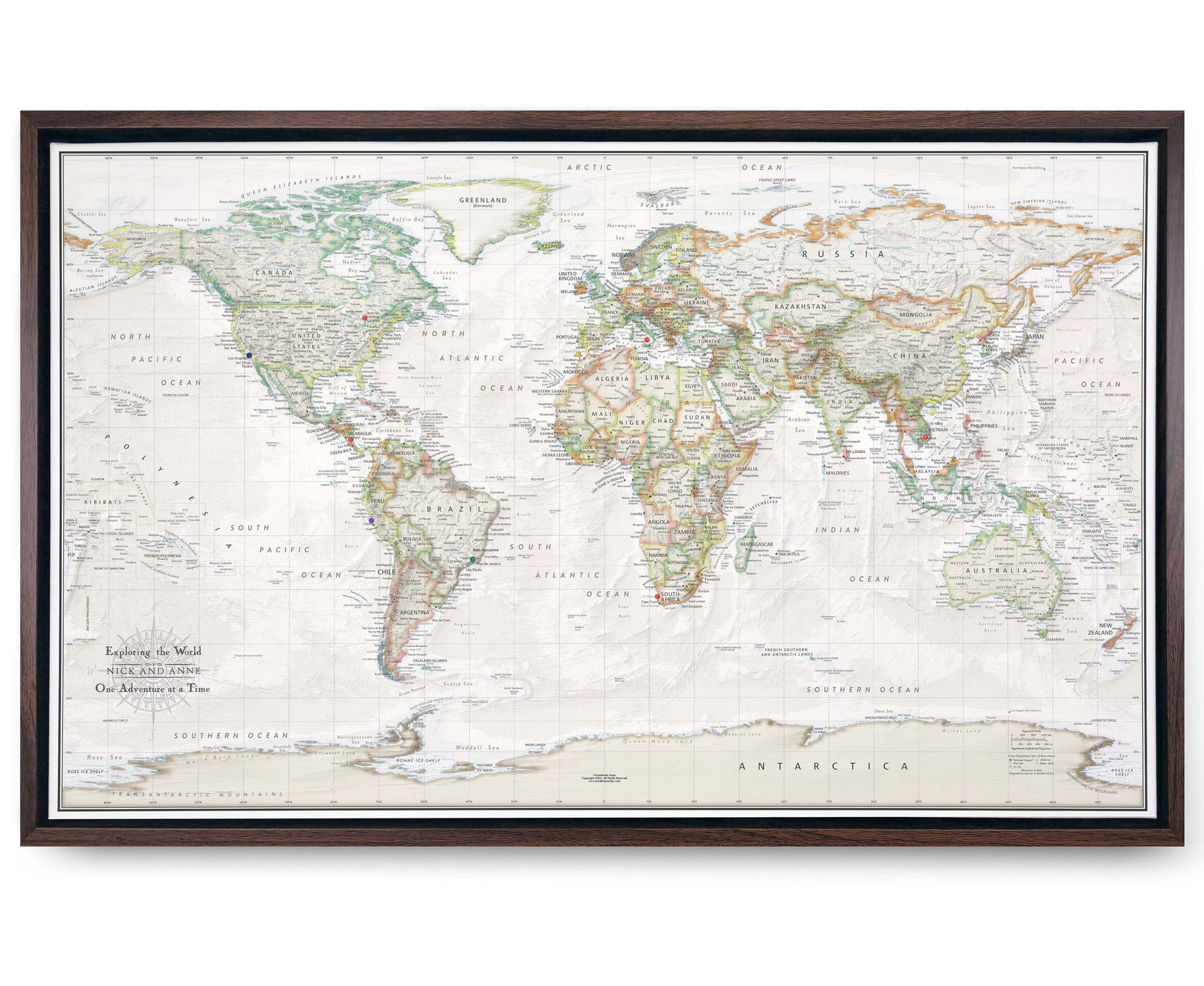 World Wanderer Soft Tones Push Pin World Map Canvas in Espresso Wood Frame