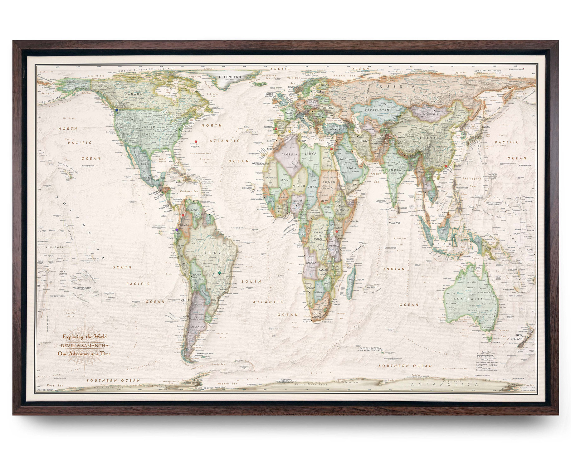 Push Pin World Map - Gall-Peters Projection Beige Ocean Antique Style in Espresso Frame