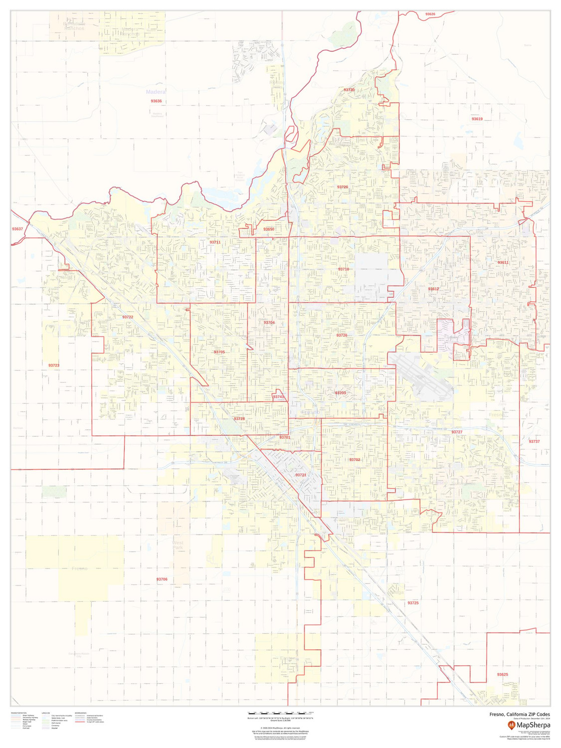 Fresno, California ZIP Codes Wall Map Fresno, California ZIP Codes Wall Map