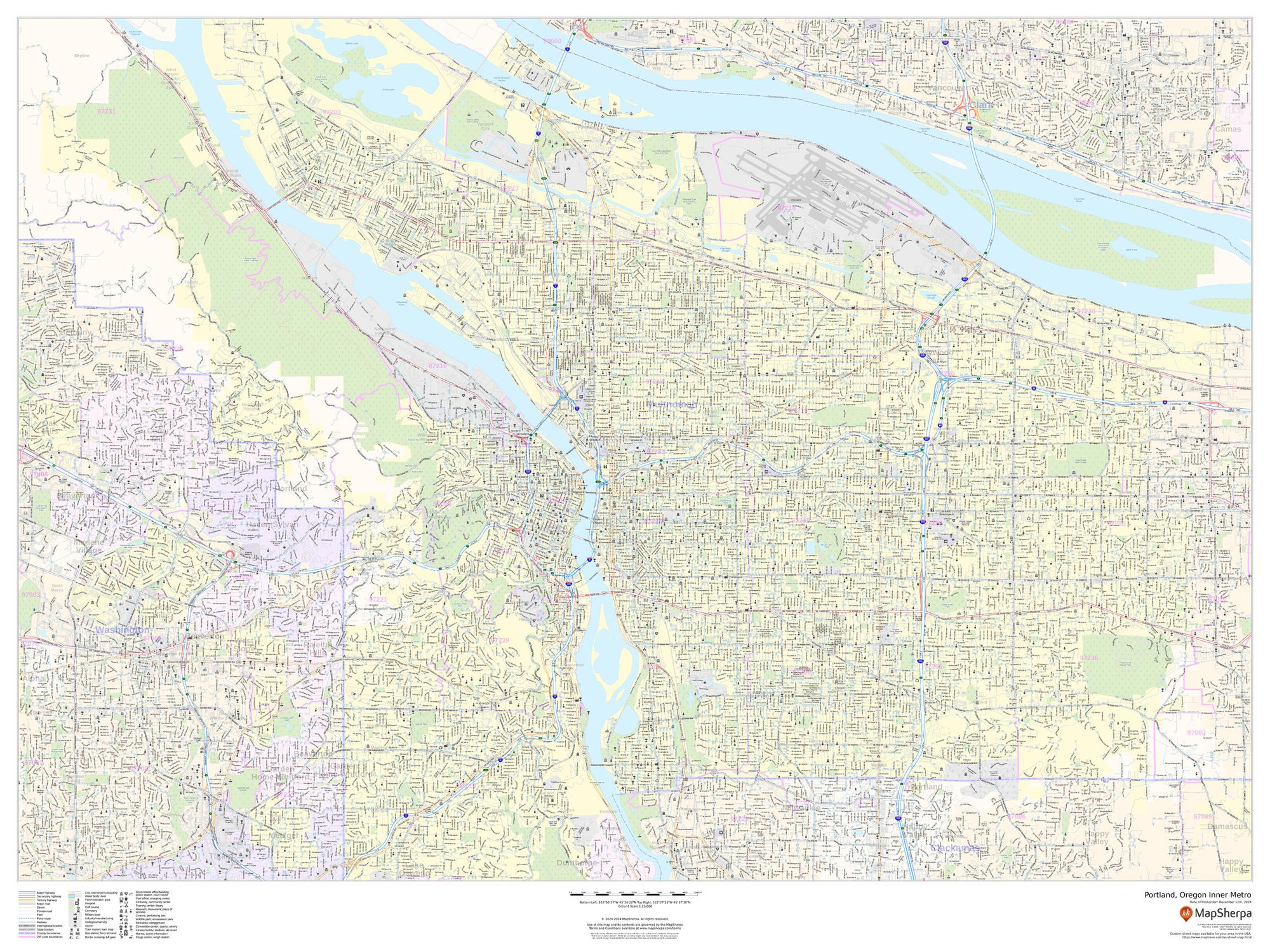 Portland, Oregon Inner Metro - Landscape Wall Map Portland, Oregon Inner Metro - Landscape Wall Map