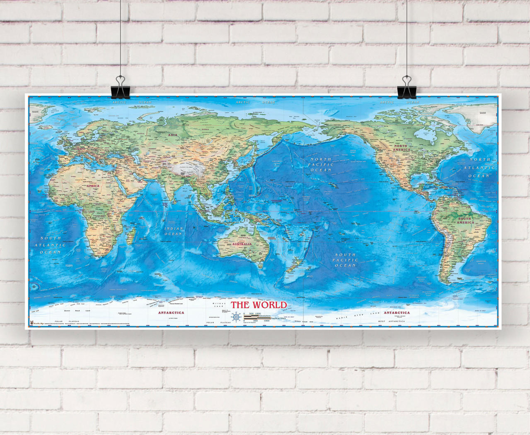 World Physical Wall Map Pacific Centered by Compart Maps, image 1, World Maps Online