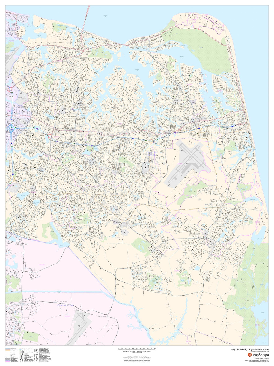 Virginia Beach, Virginia Inner Metro - Portrait Wall Map Virginia Beach, Virginia Inner Metro - Portrait Wall Map