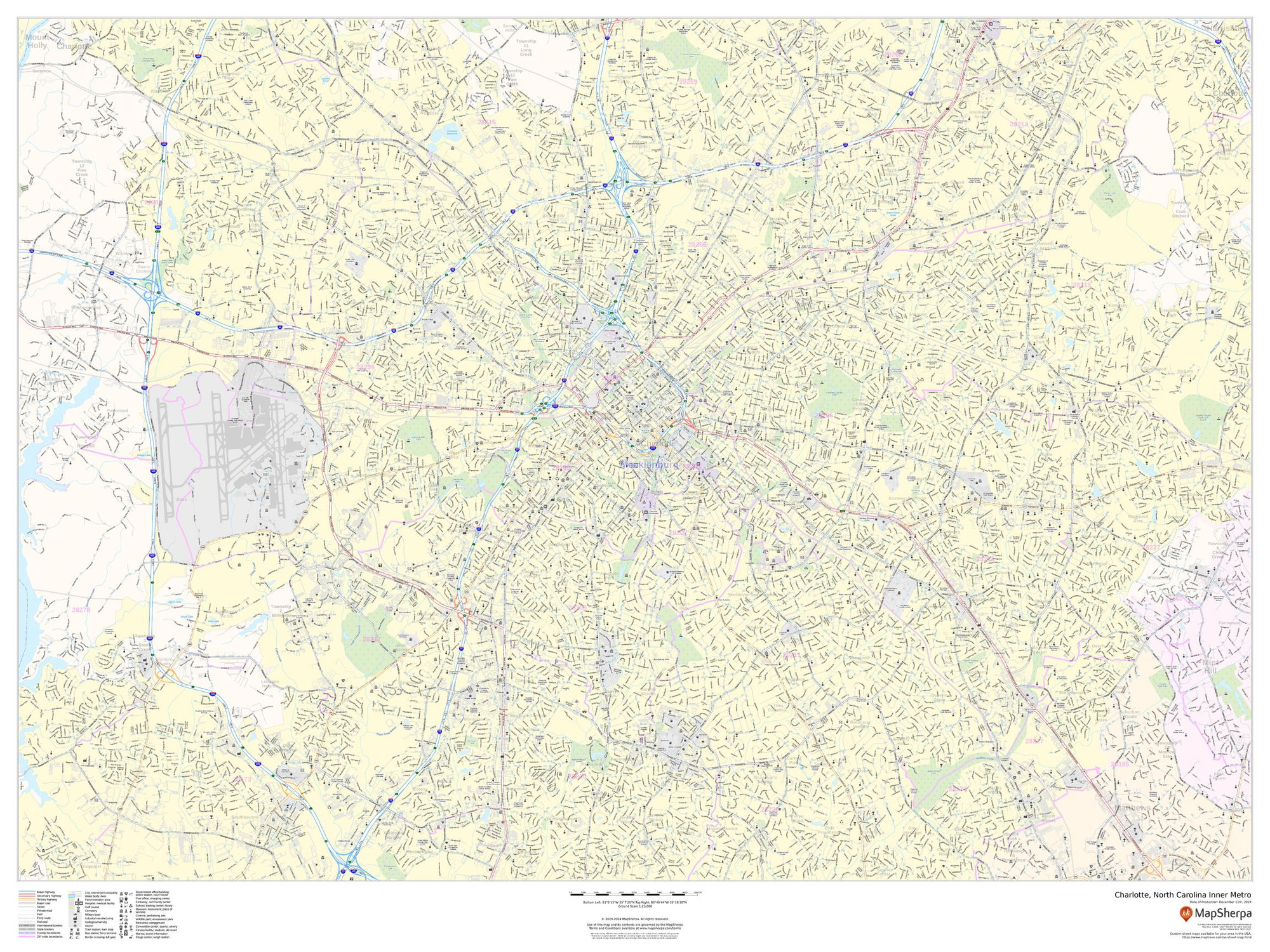 Charlotte, North Carolina Inner Metro - Landscape Wall Map Charlotte, North Carolina Inner Metro - Landscape Wall Map