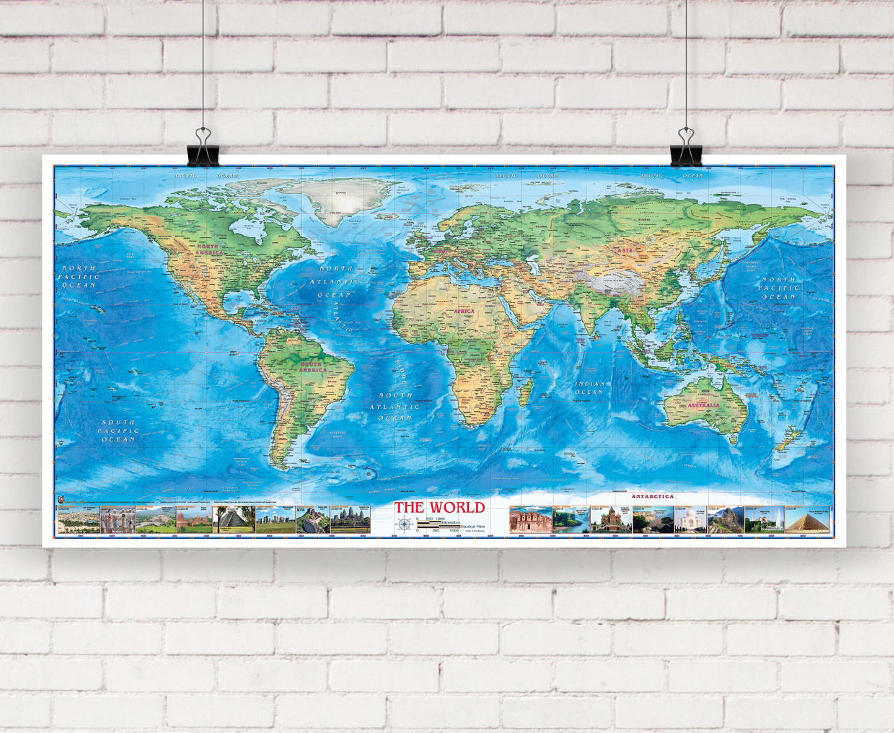 World Physical Wall Map with World Wonders by Compart Maps, image 2, World Maps Online