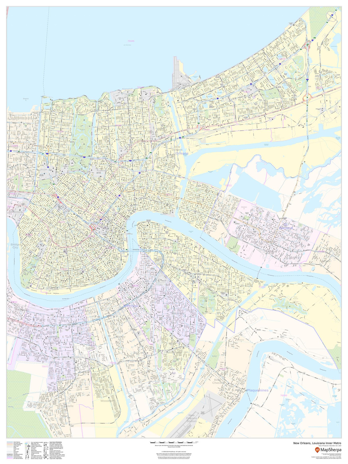 New Orleans, Louisiana Inner Metro - Portrait Wall Map New Orleans, Louisiana Inner Metro - Portrait Wall Map
