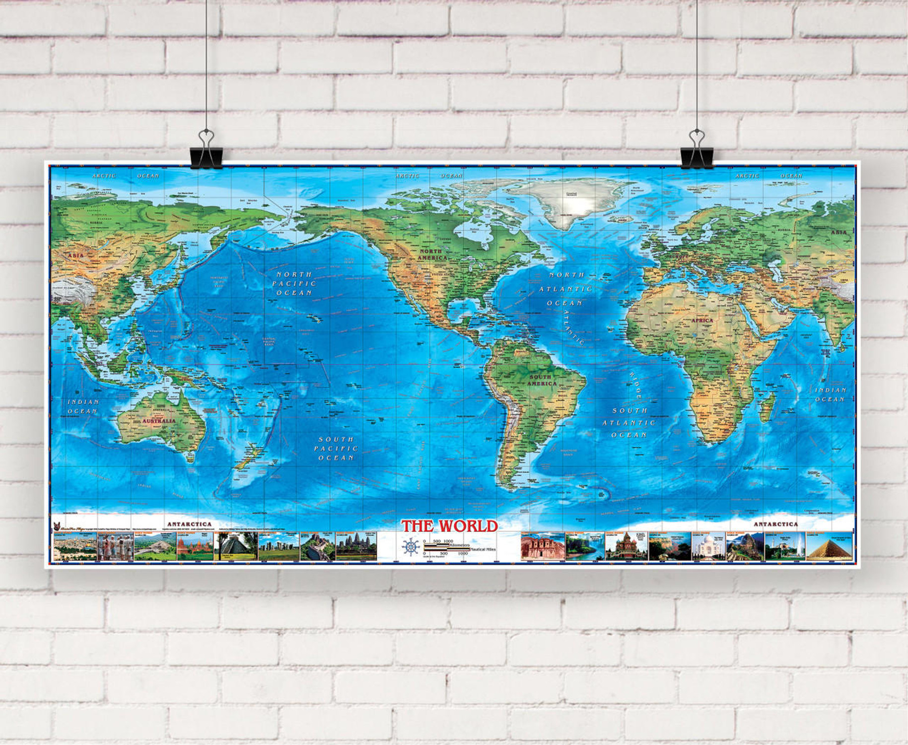 World Physical Wall Map Americas Centered w/ World Wonders by Compart Maps, image 1, World Maps Online