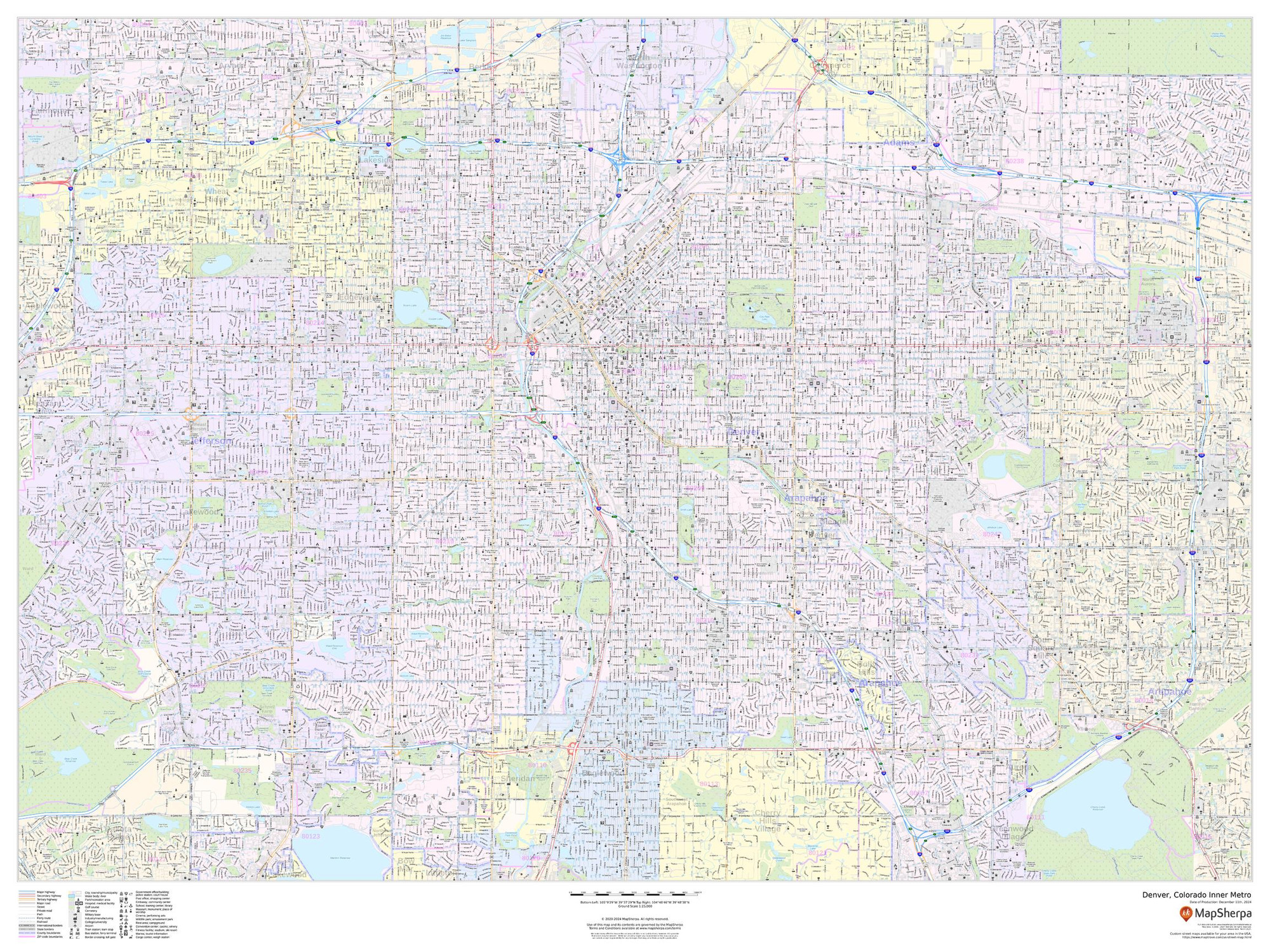Denver, Colorado Inner Metro - Landscape Wall Map Denver, Colorado Inner Metro - Landscape Wall Map