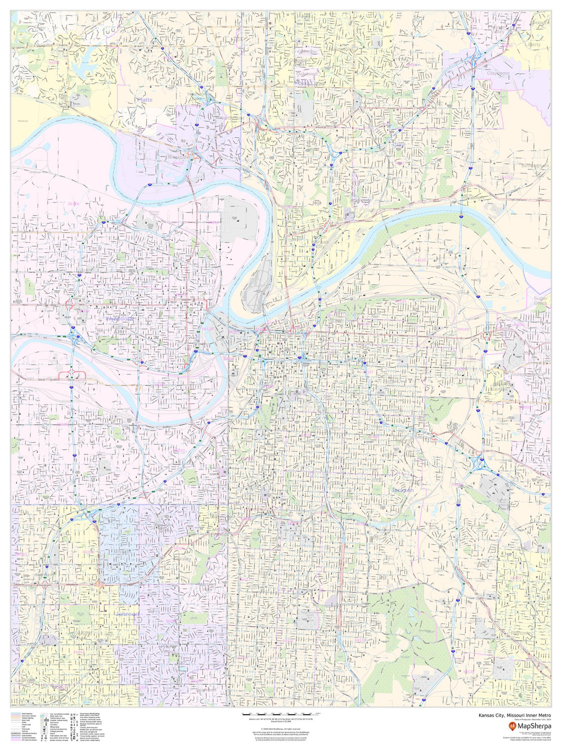 Kansas City, Missouri Inner Metro - Portrait Wall Map Kansas City, Missouri Inner Metro - Portrait Wall Map