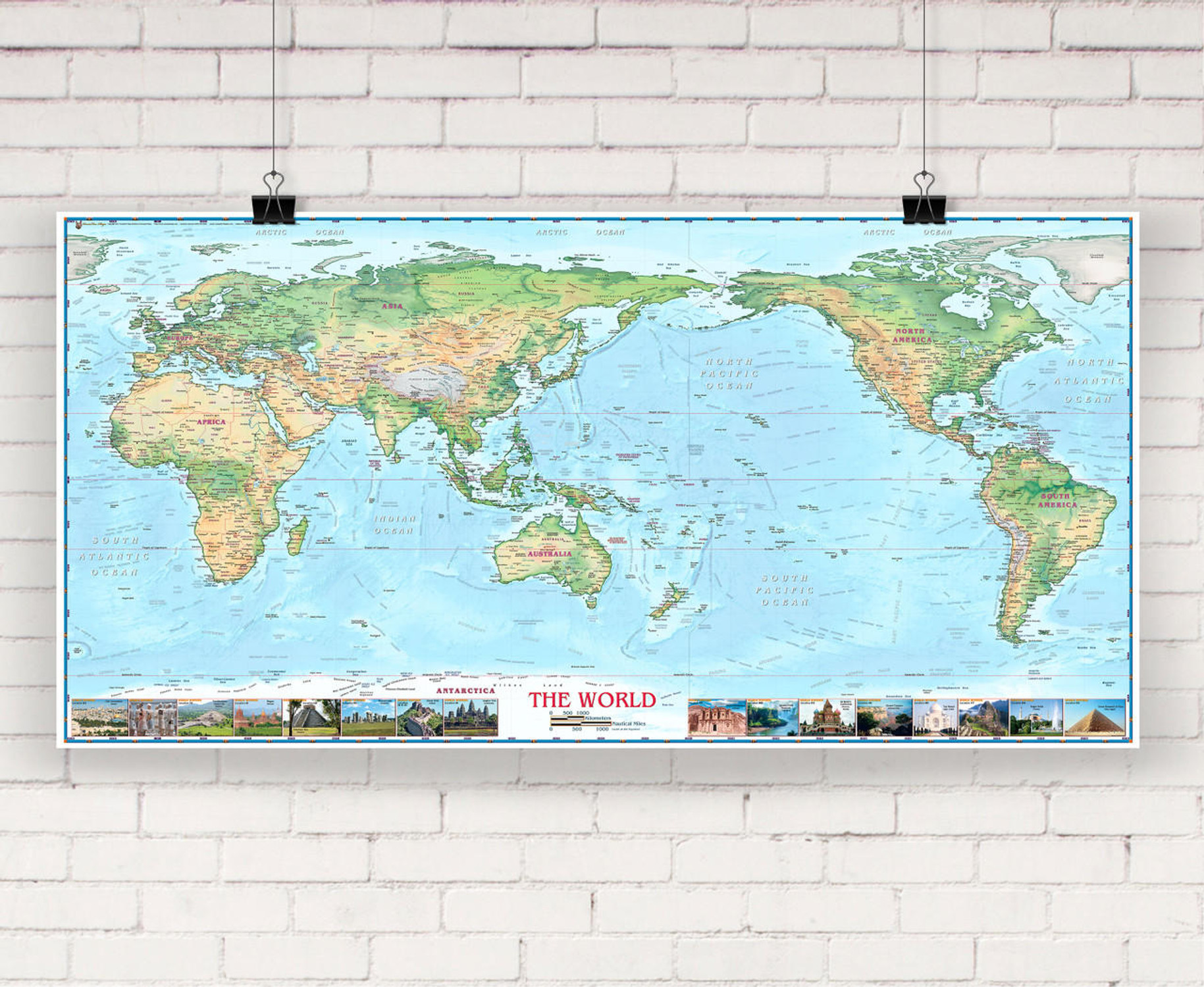 World Physical Wall Map Pacific Centered w/ World Wonders, image 1, World Maps Online