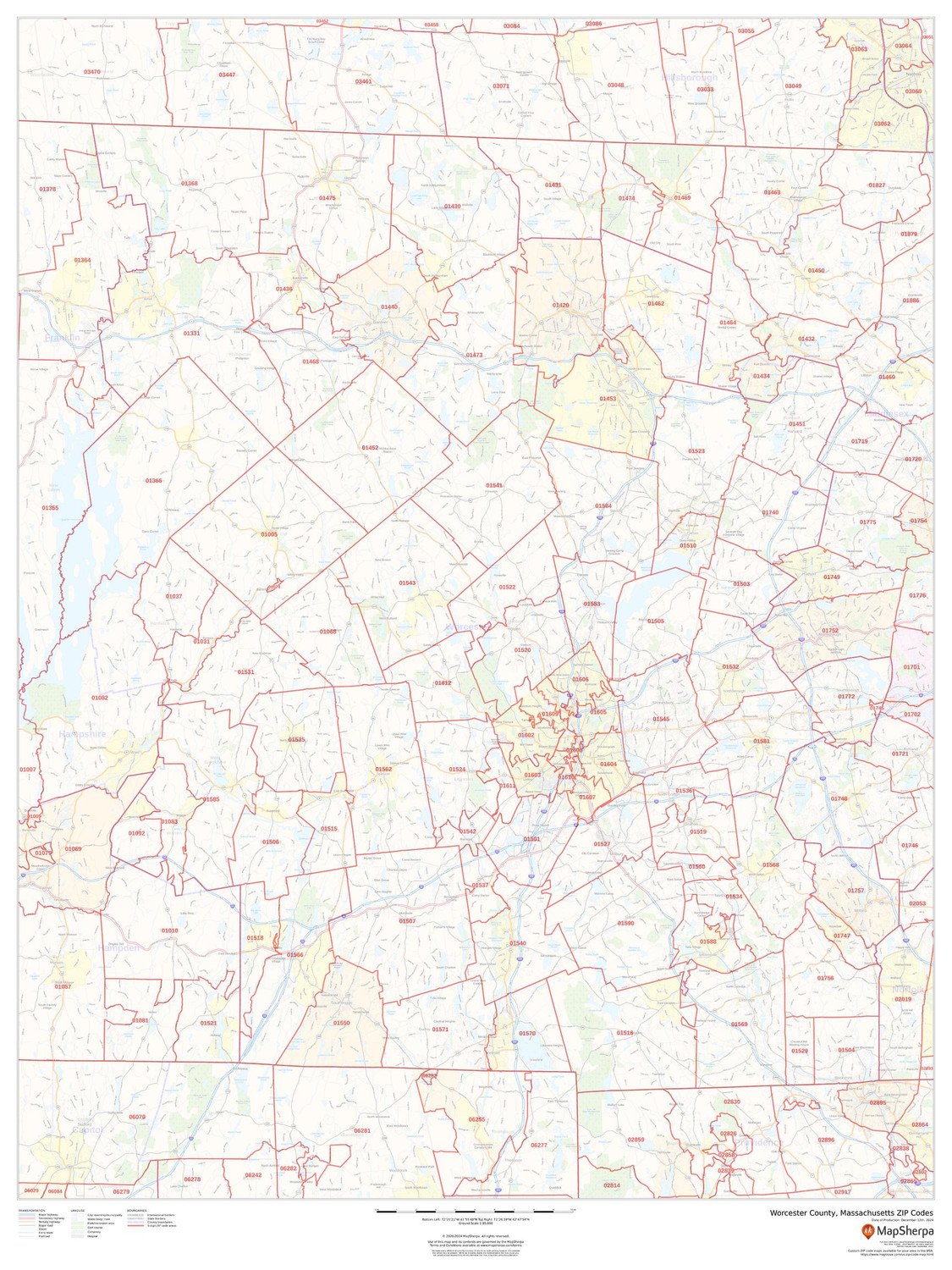Worcester County, Massachusetts ZIP Codes Wall Map Worcester County, Massachusetts ZIP Codes Wall Map