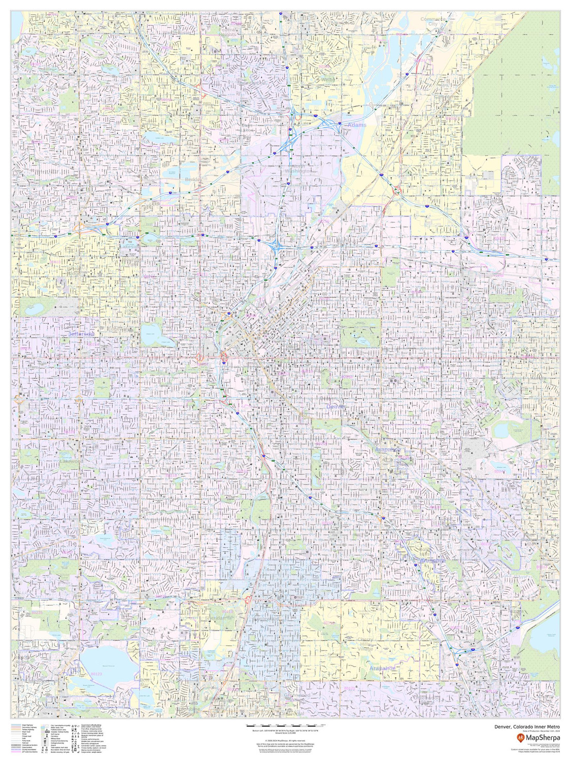 Denver, Colorado Inner Metro - Portrait Wall Map Denver, Colorado Inner Metro - Portrait Wall Map