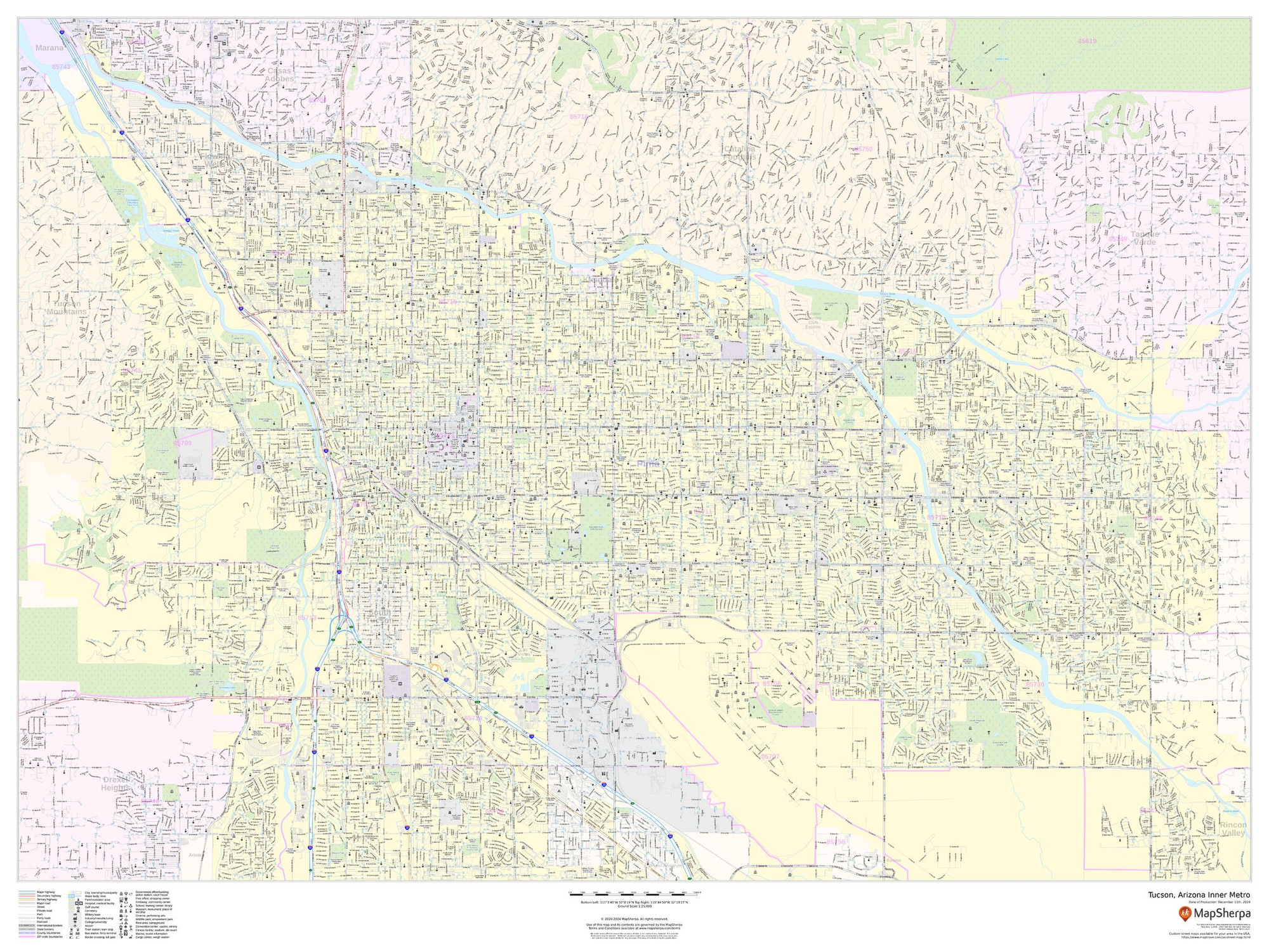 Tucson, Arizona Inner Metro - Landscape Wall Map Tucson, Arizona Inner Metro - Landscape Wall Map