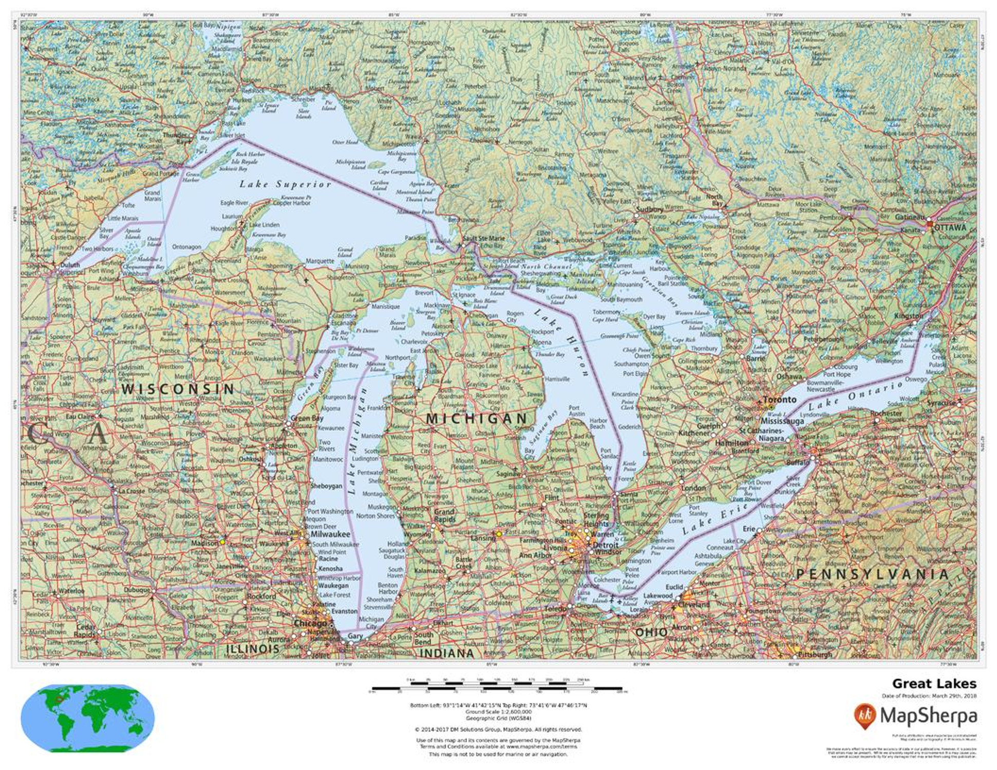Great Lakes Wall Map Great Lakes Wall Map