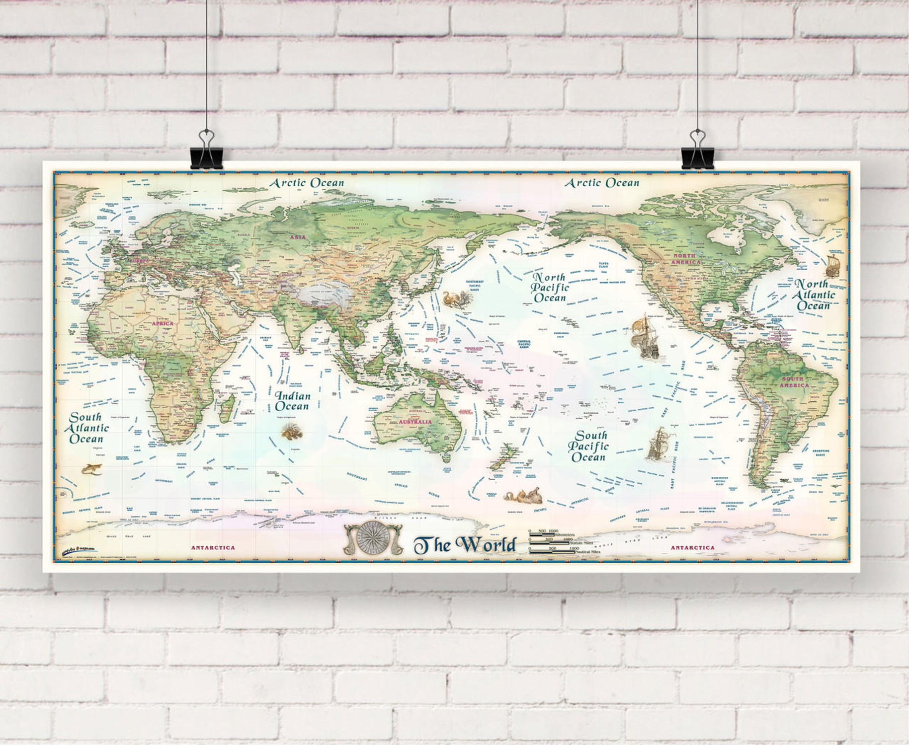 Colorful Antique Ivory World Wall Map Pacific Centered by Compart Maps, image 2, World Maps Online
