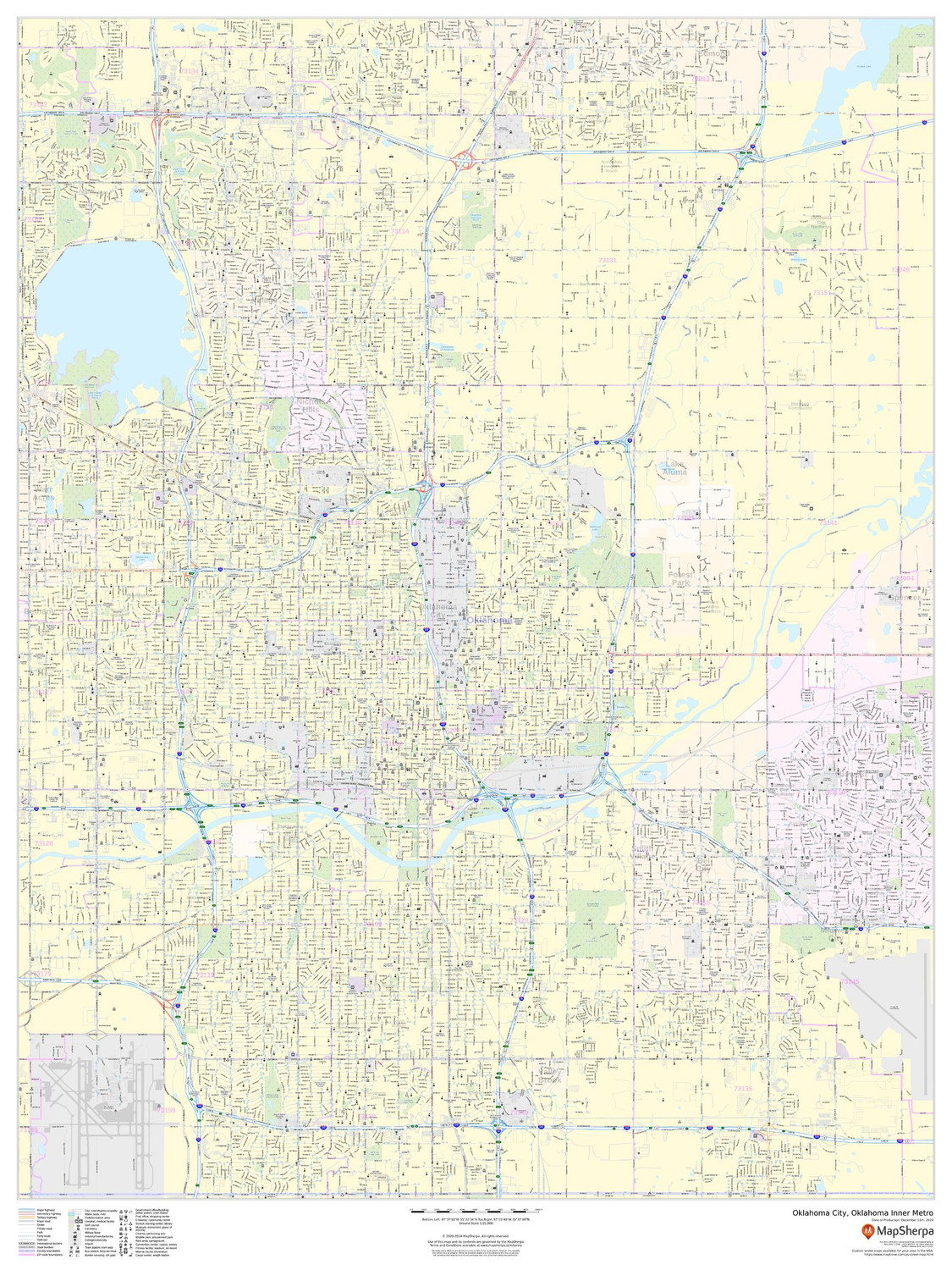 Oklahoma City, Oklahoma Inner Metro - Portrait Wall Map Oklahoma City, Oklahoma Inner Metro - Portrait Wall Map