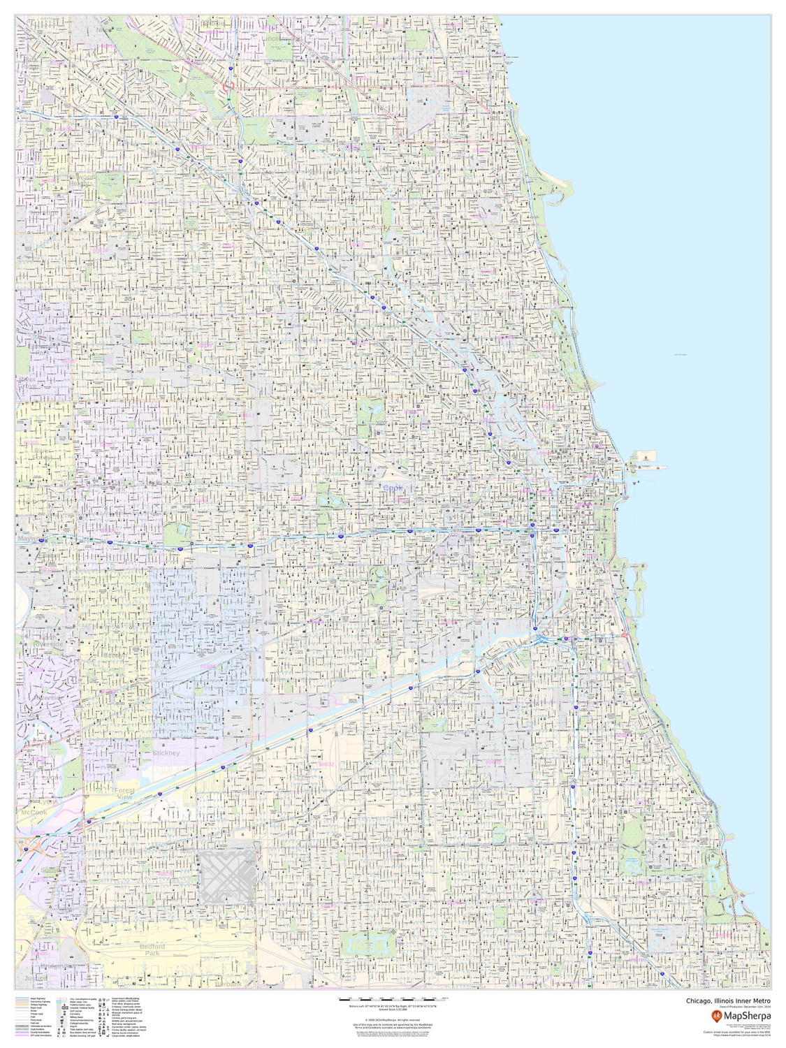 Chicago, Illinois Inner Metro - Portrait Wall Map Chicago, Illinois Inner Metro - Portrait Wall Map