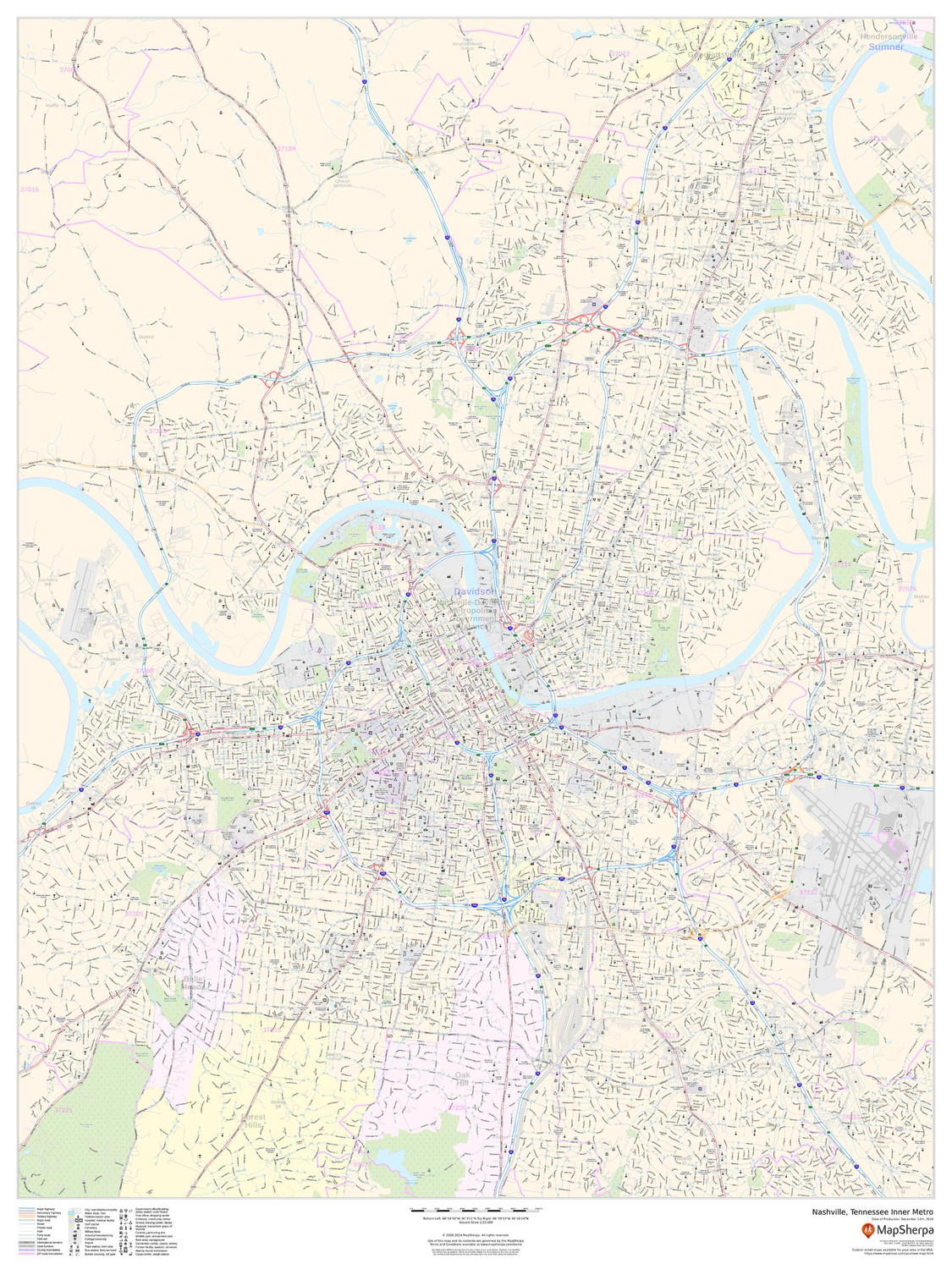 Nashville, Tennessee Inner Metro - Portrait Wall Map Nashville, Tennessee Inner Metro - Portrait Wall Map