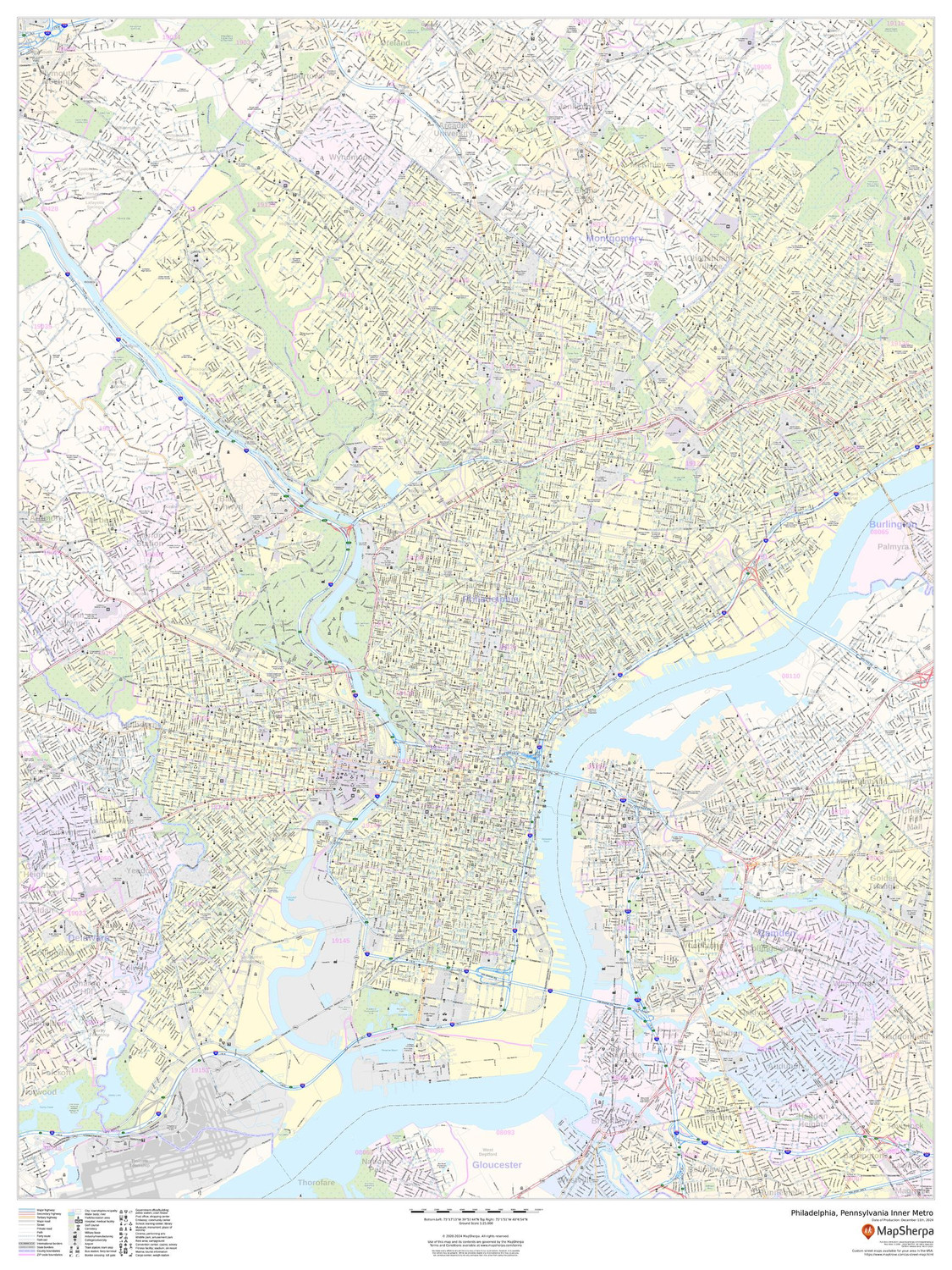 Philadelphia, Pennsylvania Inner Metro - Portrait Wall Map Philadelphia, Pennsylvania Inner Metro - Portrait Wall Map