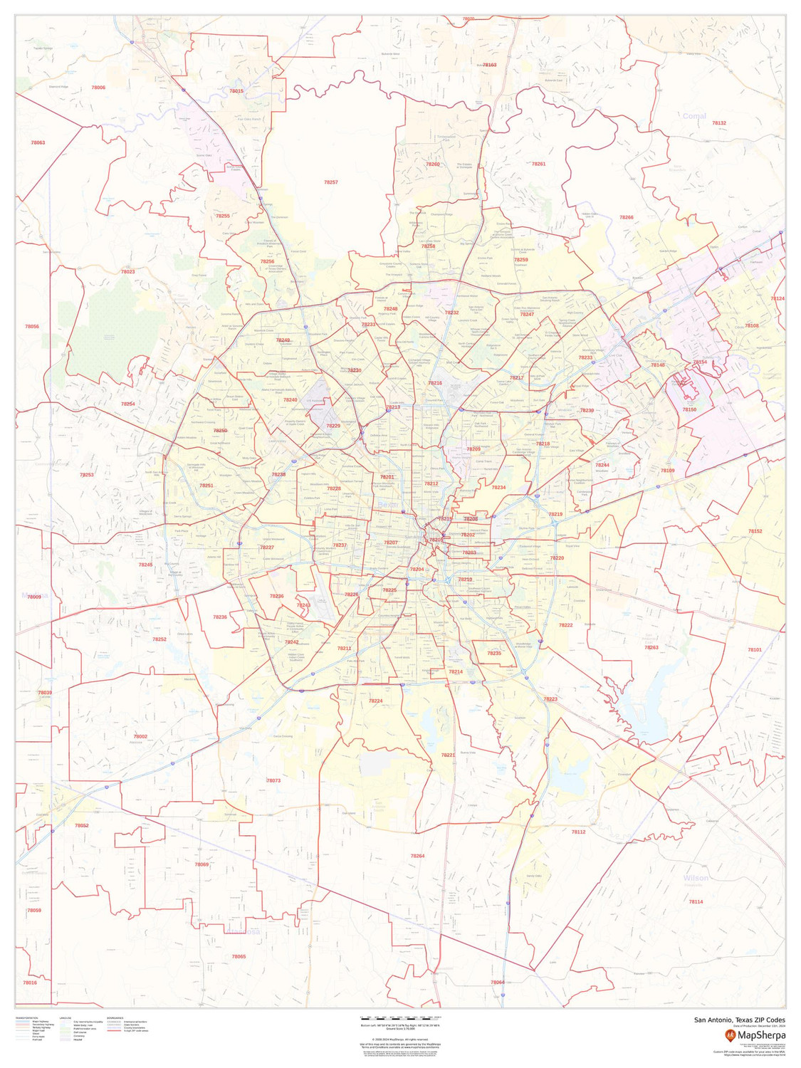 San Antonio, Texas ZIP Codes Wall Map