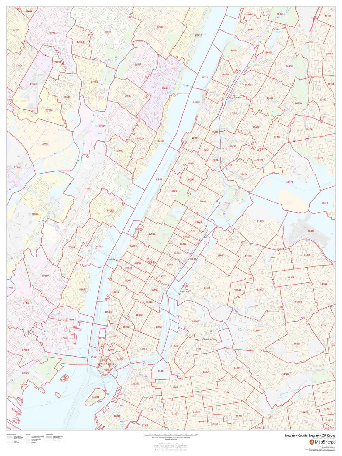 New York County, New York ZIP Codes Wall Map New York County, New York ZIP Codes Wall Map