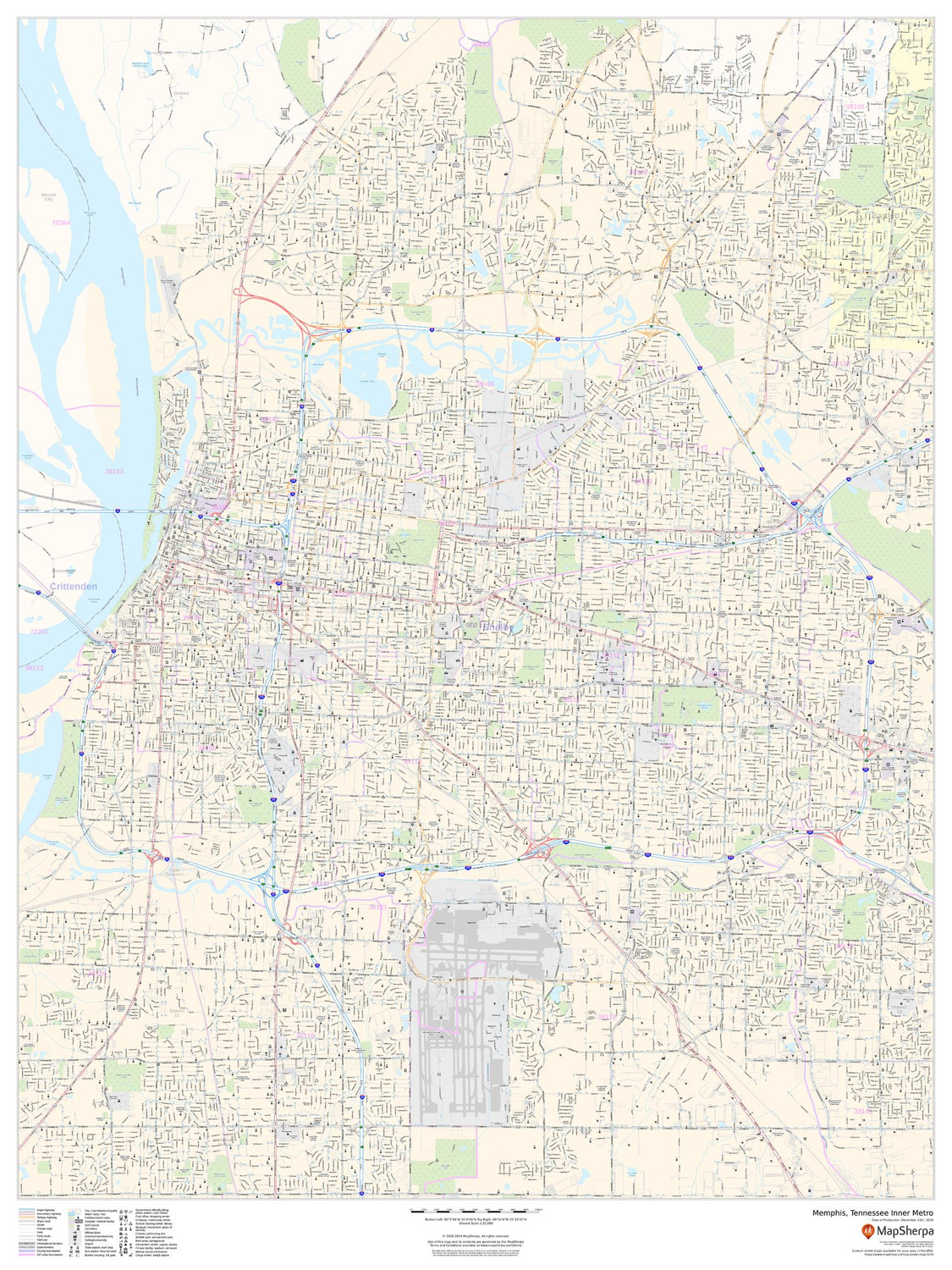 Memphis, Tennessee Inner Metro - Portrait Wall Map Memphis, Tennessee Inner Metro - Portrait Wall Map