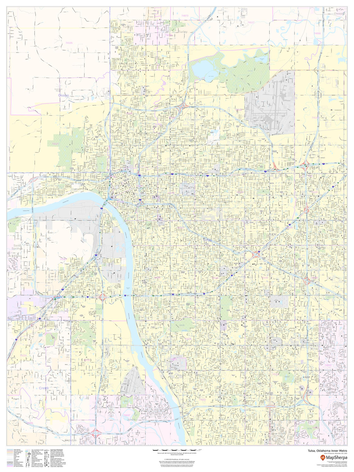 Tulsa, Oklahoma Inner Metro - Portrait Wall Map Tulsa, Oklahoma Inner Metro - Portrait Wall Map