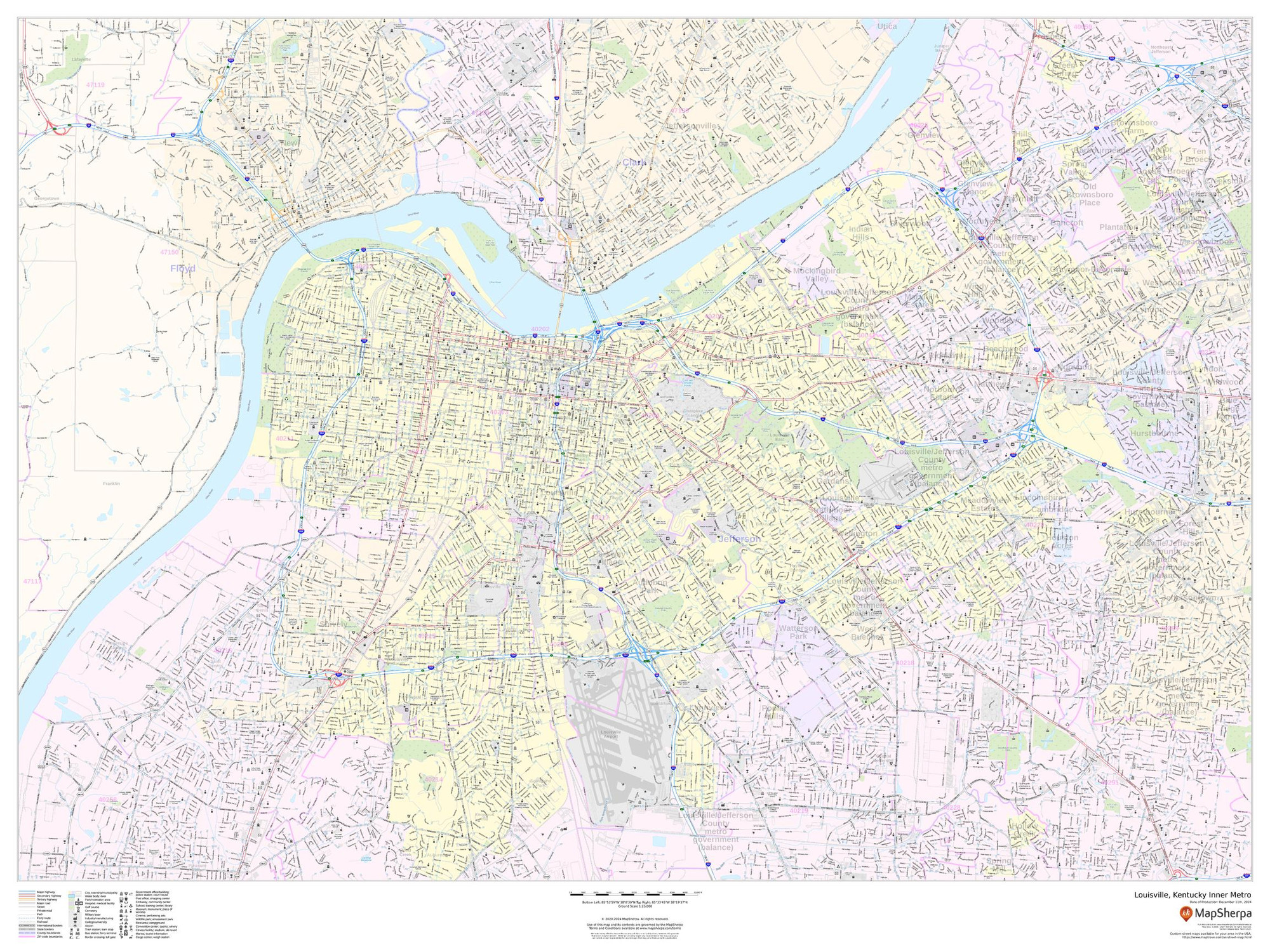 Louisville, Kentucky Inner Metro - Landscape Wall Map Louisville, Kentucky Inner Metro - Landscape Wall Map