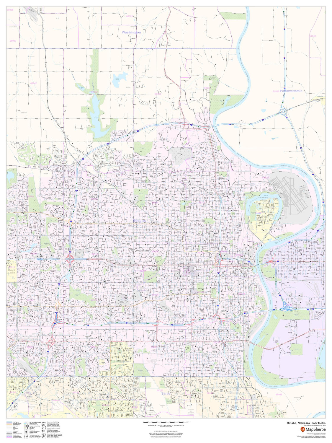 Omaha, Nebraska Inner Metro - Portrait Wall Map Omaha, Nebraska Inner Metro - Portrait Wall Map