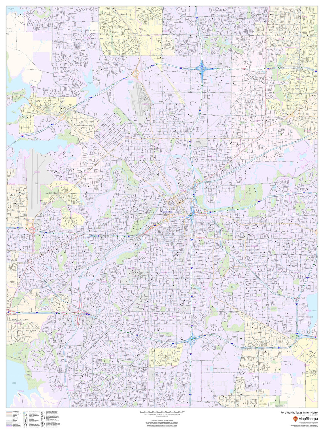 Fort Worth, Texas Inner Metro - Portrait Wall Map Fort Worth, Texas Inner Metro - Portrait Wall Map