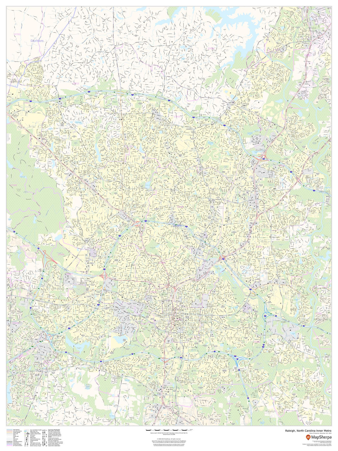 Raleigh, North Carolina Inner Metro - Portrait Wall Map Raleigh, North Carolina Inner Metro - Portrait Wall Map