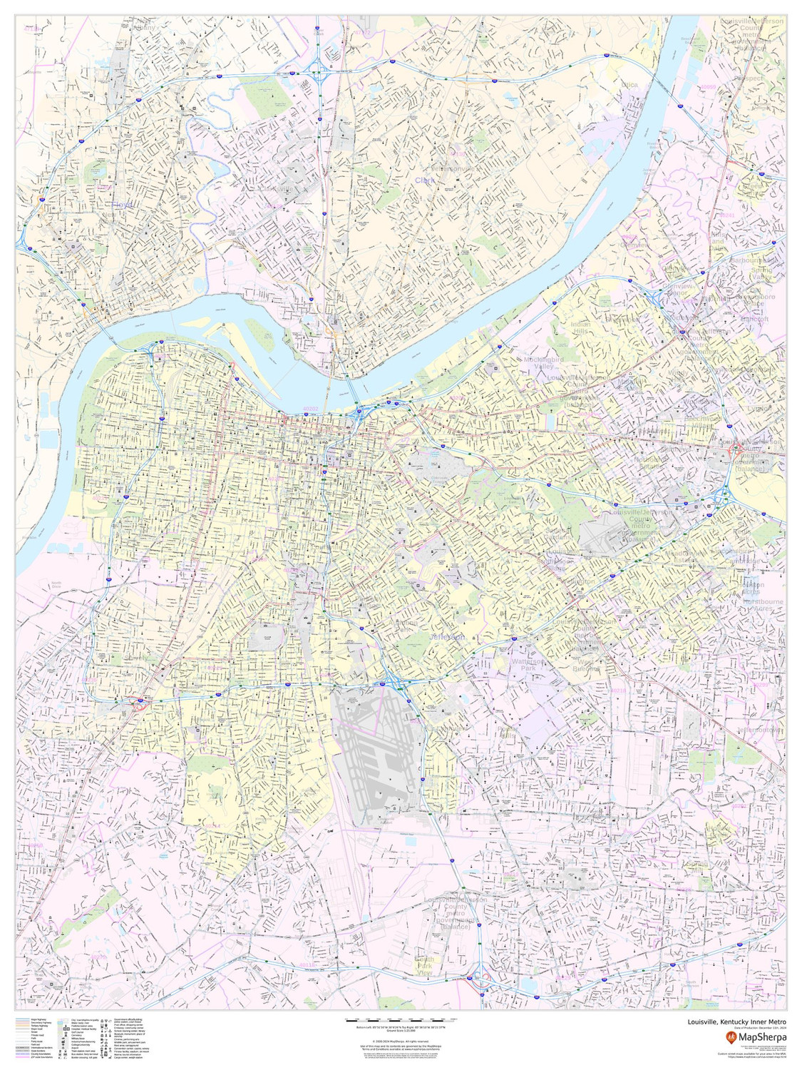 Louisville, Kentucky Inner Metro - Portrait Wall Map Louisville, Kentucky Inner Metro - Portrait Wall Map
