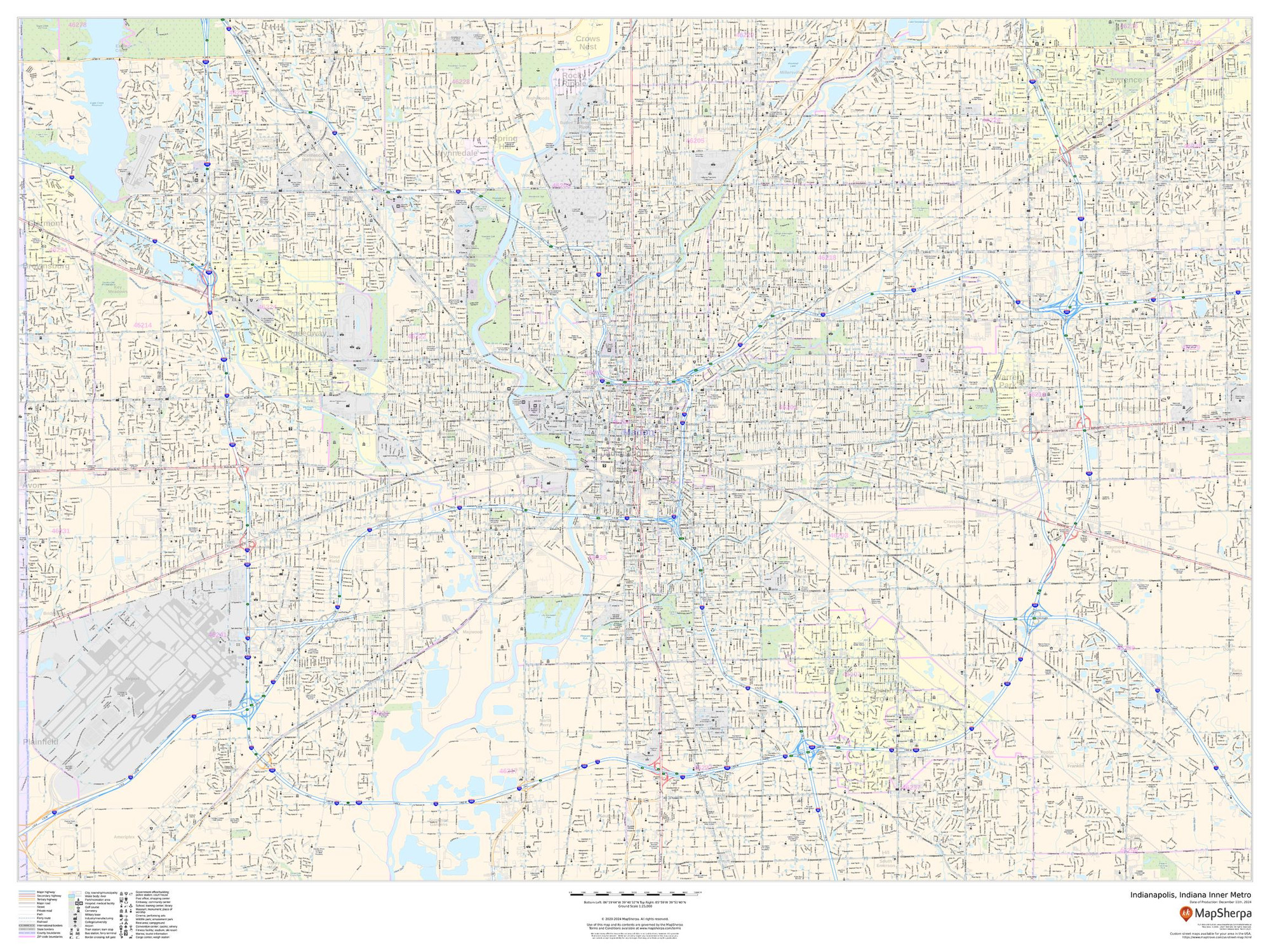 Indianapolis, Indiana Inner Metro - Landscape Wall Map Indianapolis, Indiana Inner Metro - Landscape Wall Map