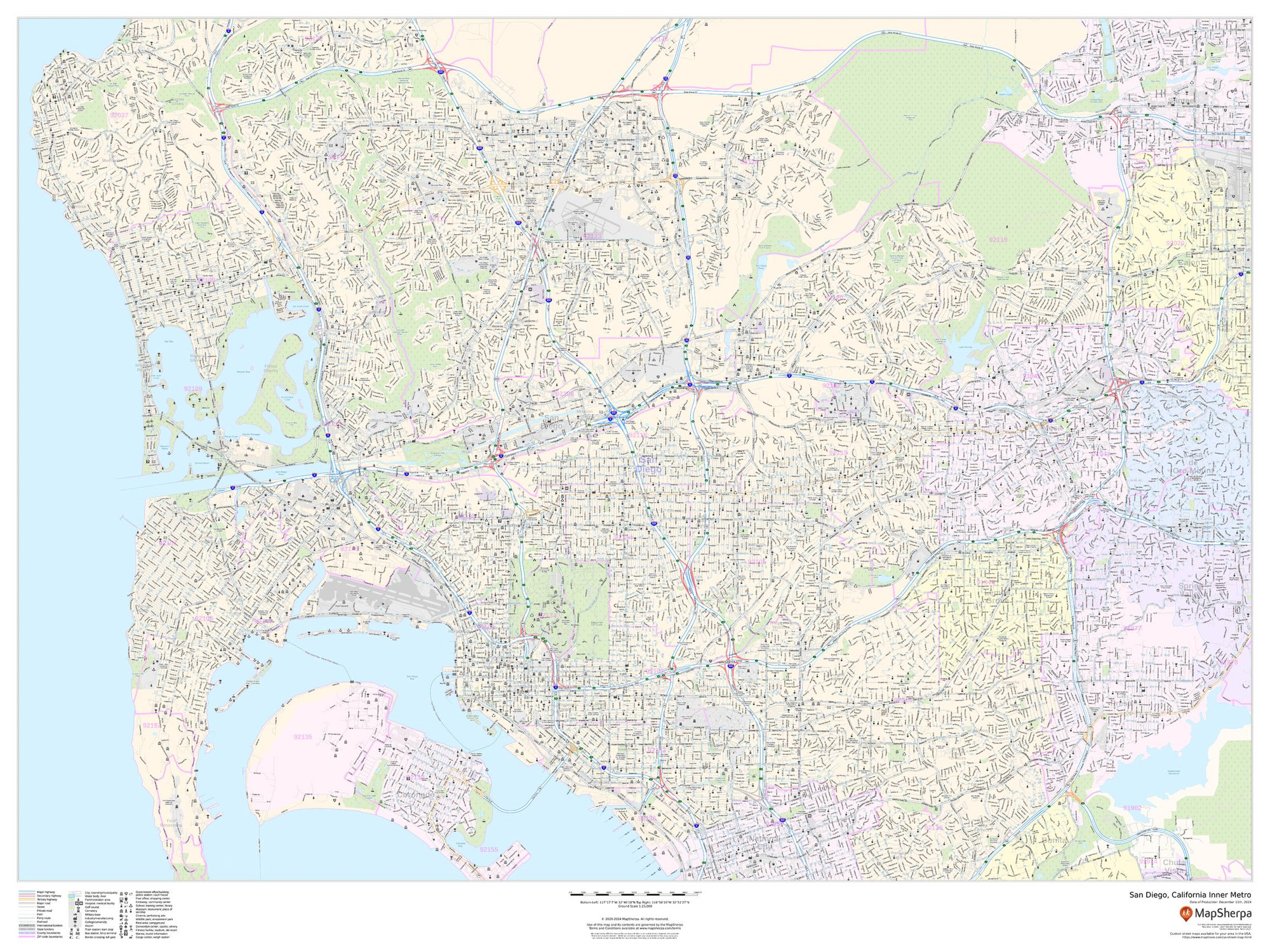 San Diego, California Inner Metro - Landscape Wall Map San Diego, California Inner Metro - Landscape Wall Map