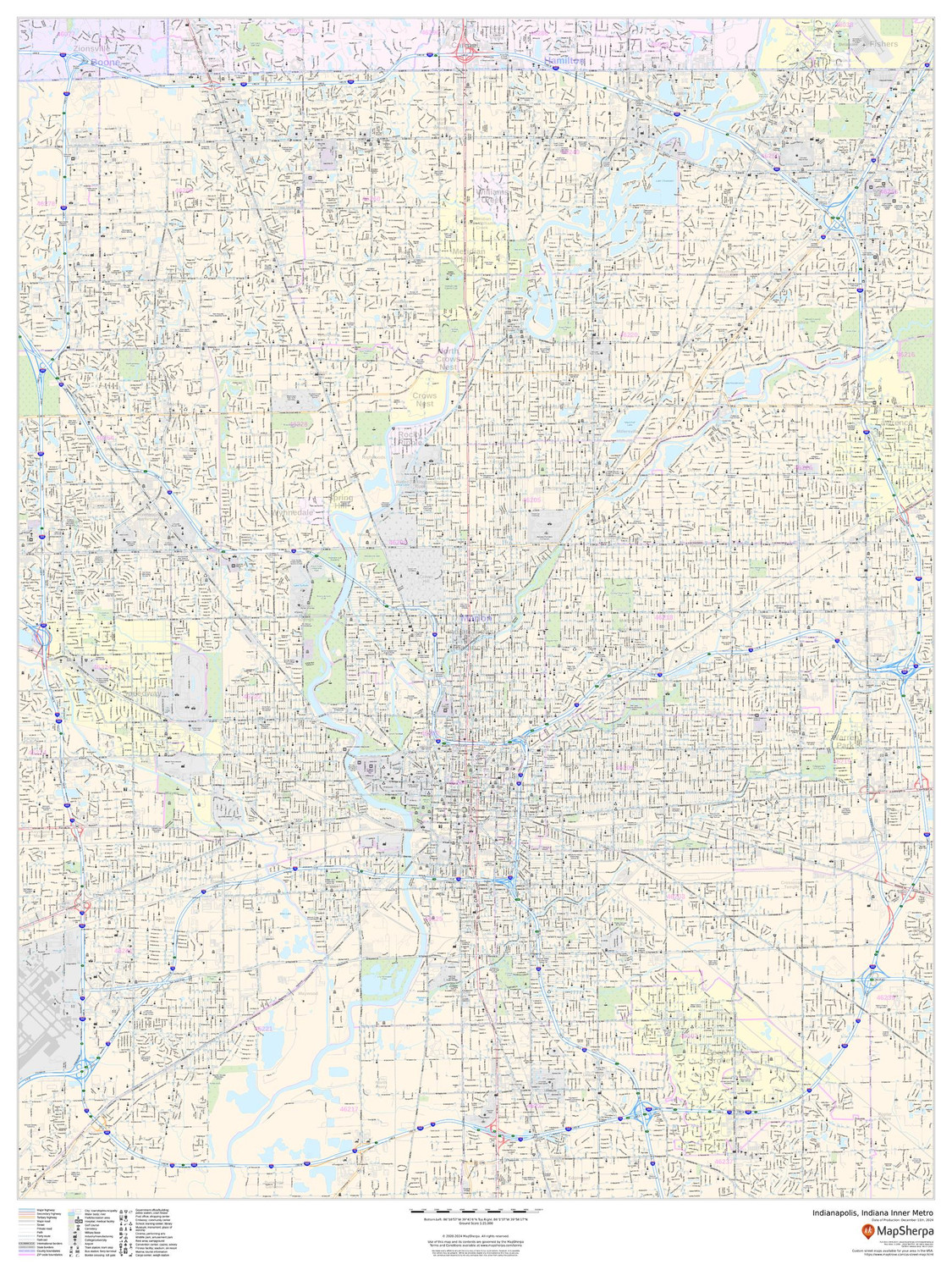 Indianapolis, Indiana Inner Metro - Portrait Wall Map Indianapolis, Indiana Inner Metro - Portrait Wall Map