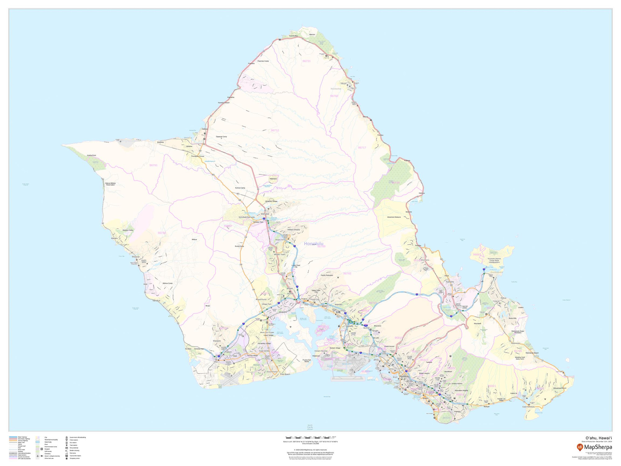 O'ahu, Hawai'i Wall Map O'ahu, Hawai'i Wall Map