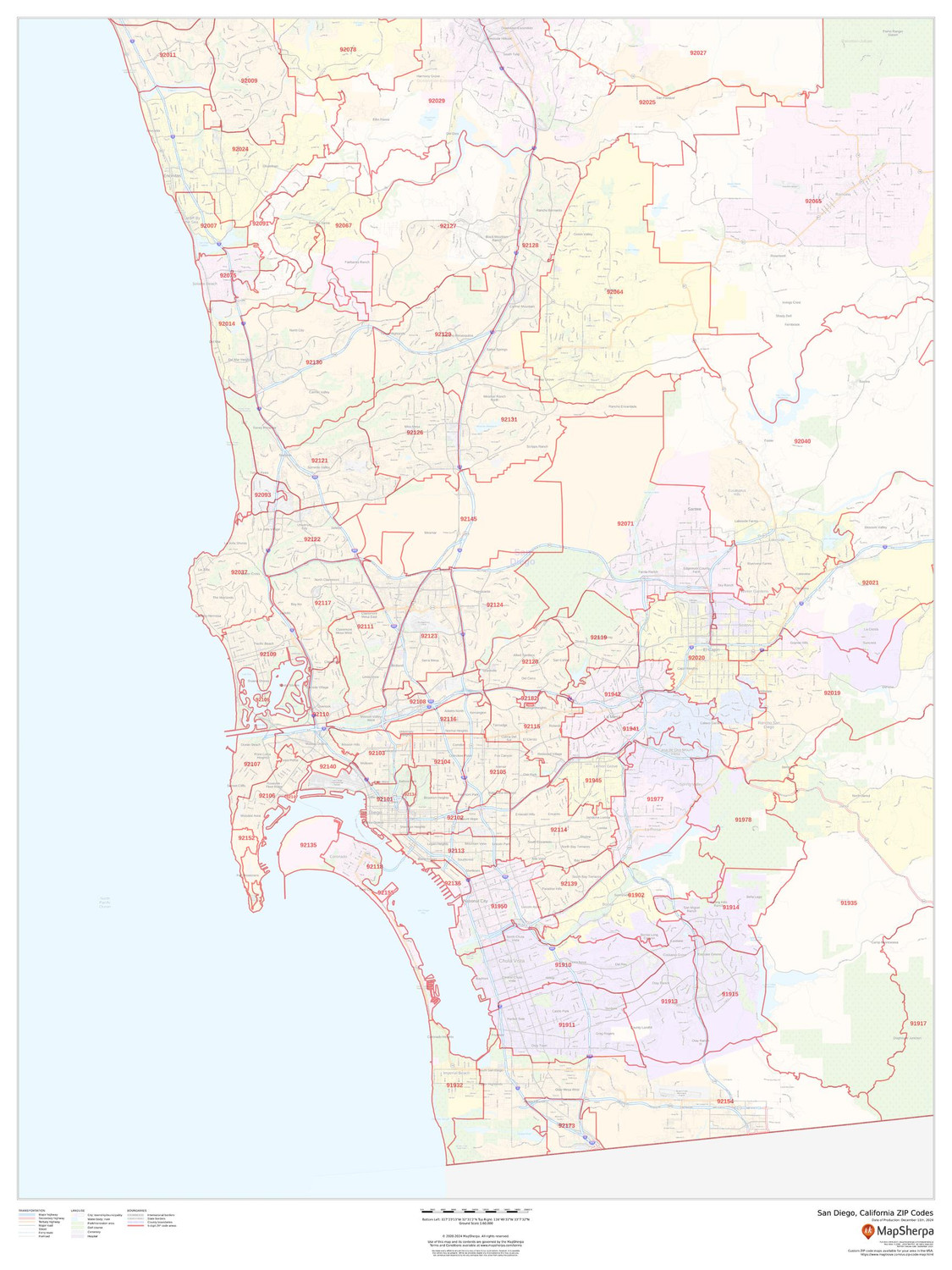 San Diego, California ZIP Codes Wall Map San Diego, California ZIP Codes Wall Map