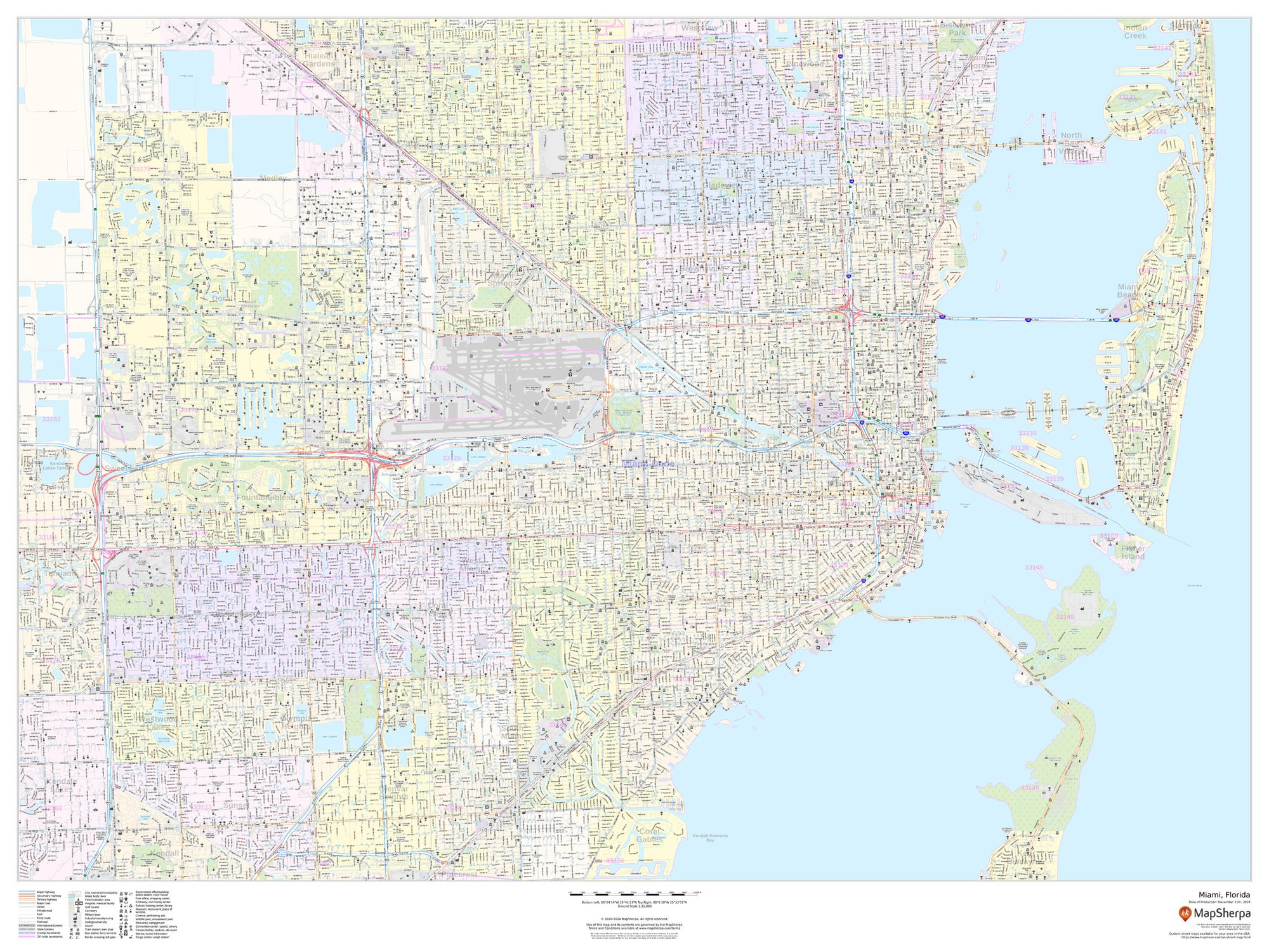 Miami, Florida - Landscape Wall Map Miami, Florida - Landscape Wall Map